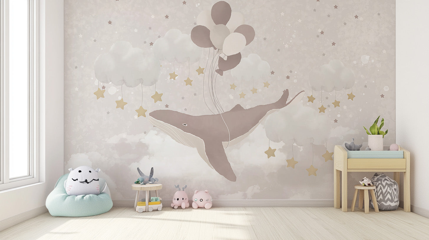 Flying Whale Nursery Wallpaper Mural with soothing details