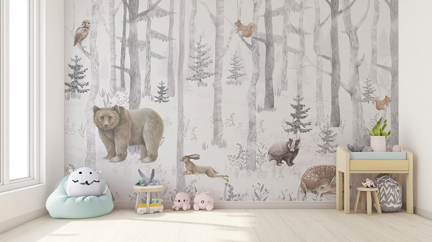 Winter Wildlife Wall Mural with serene forest scenes