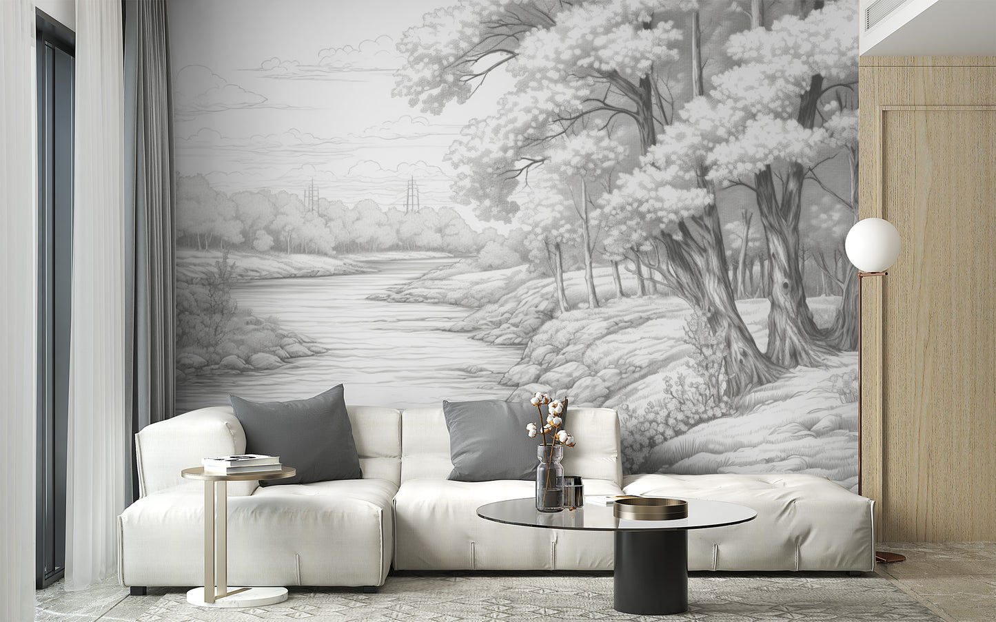 Tranquil gray forest wallpaper mural for peaceful rooms
