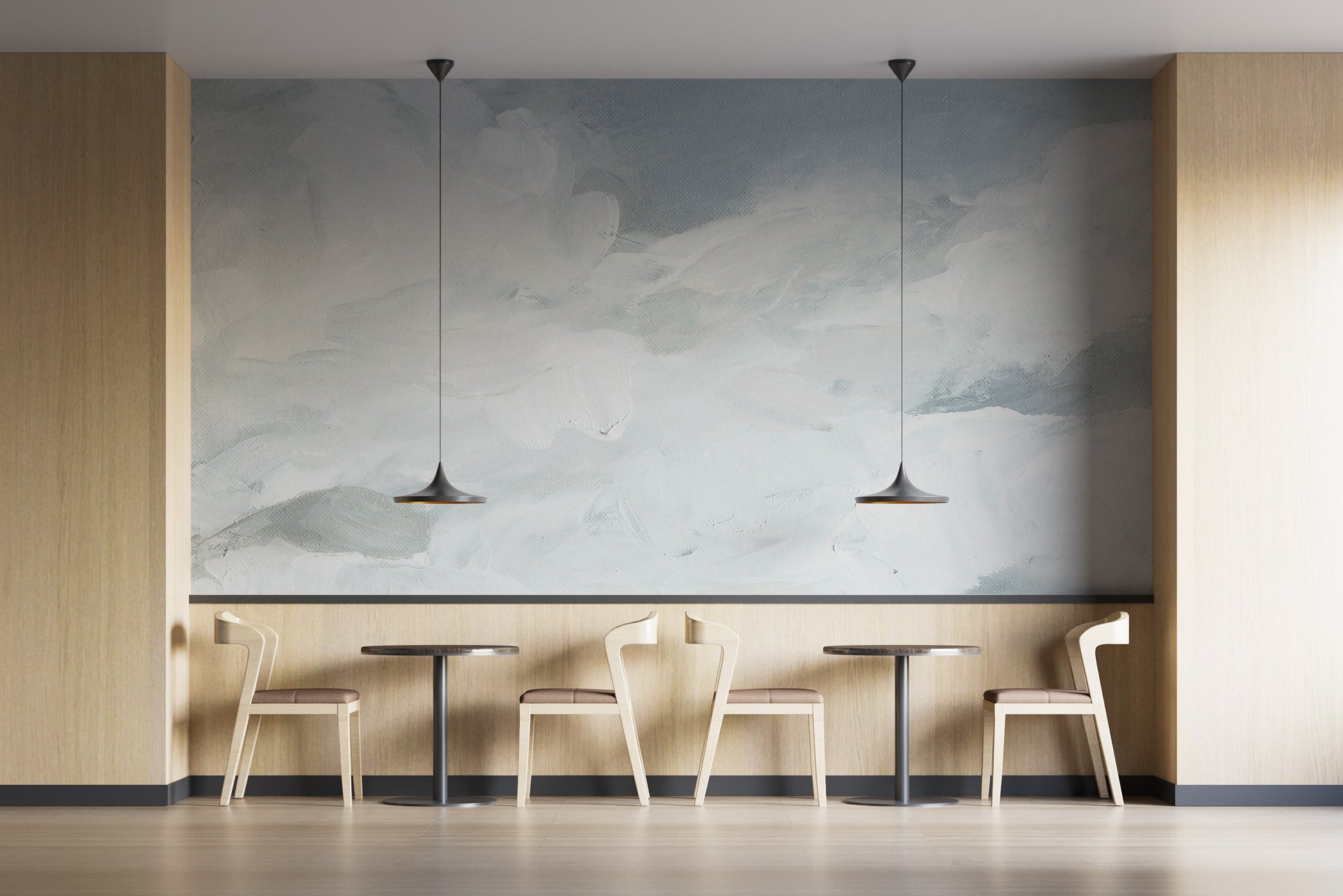 Serene watercolor sky mural with soft, flowing colors.
