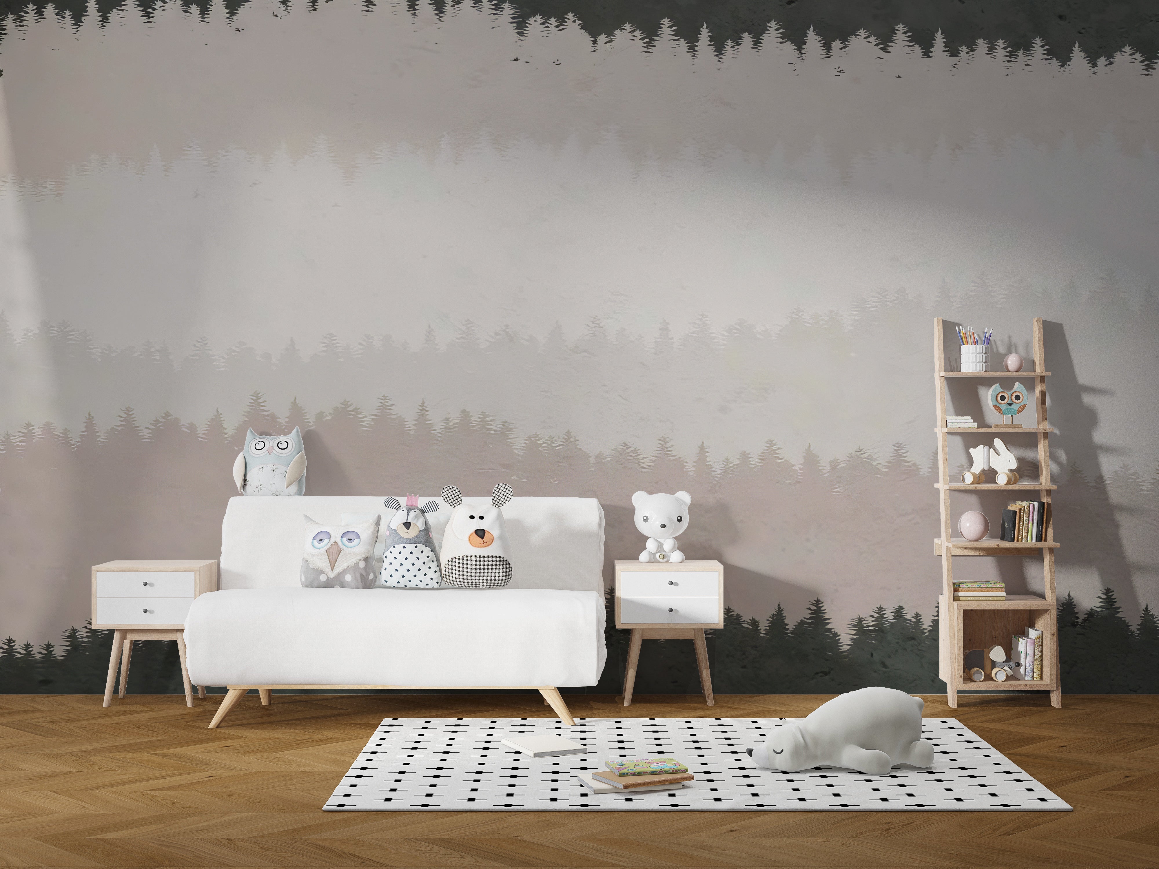 Serene wallpaper mural with woodland tree silhouettes