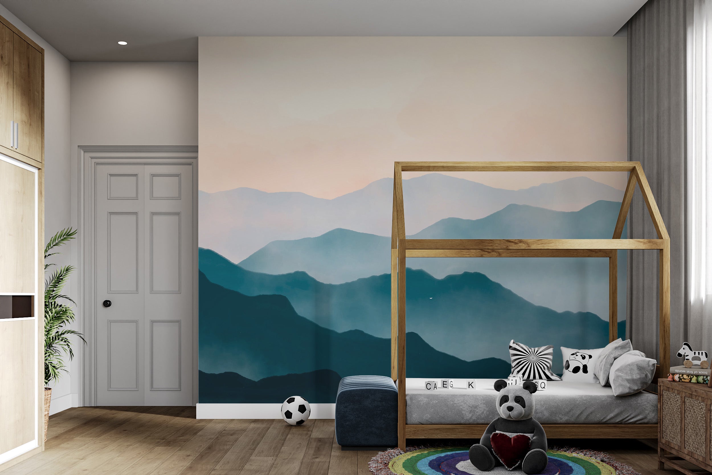 Serene watercolor mountain landscape mural for walls
