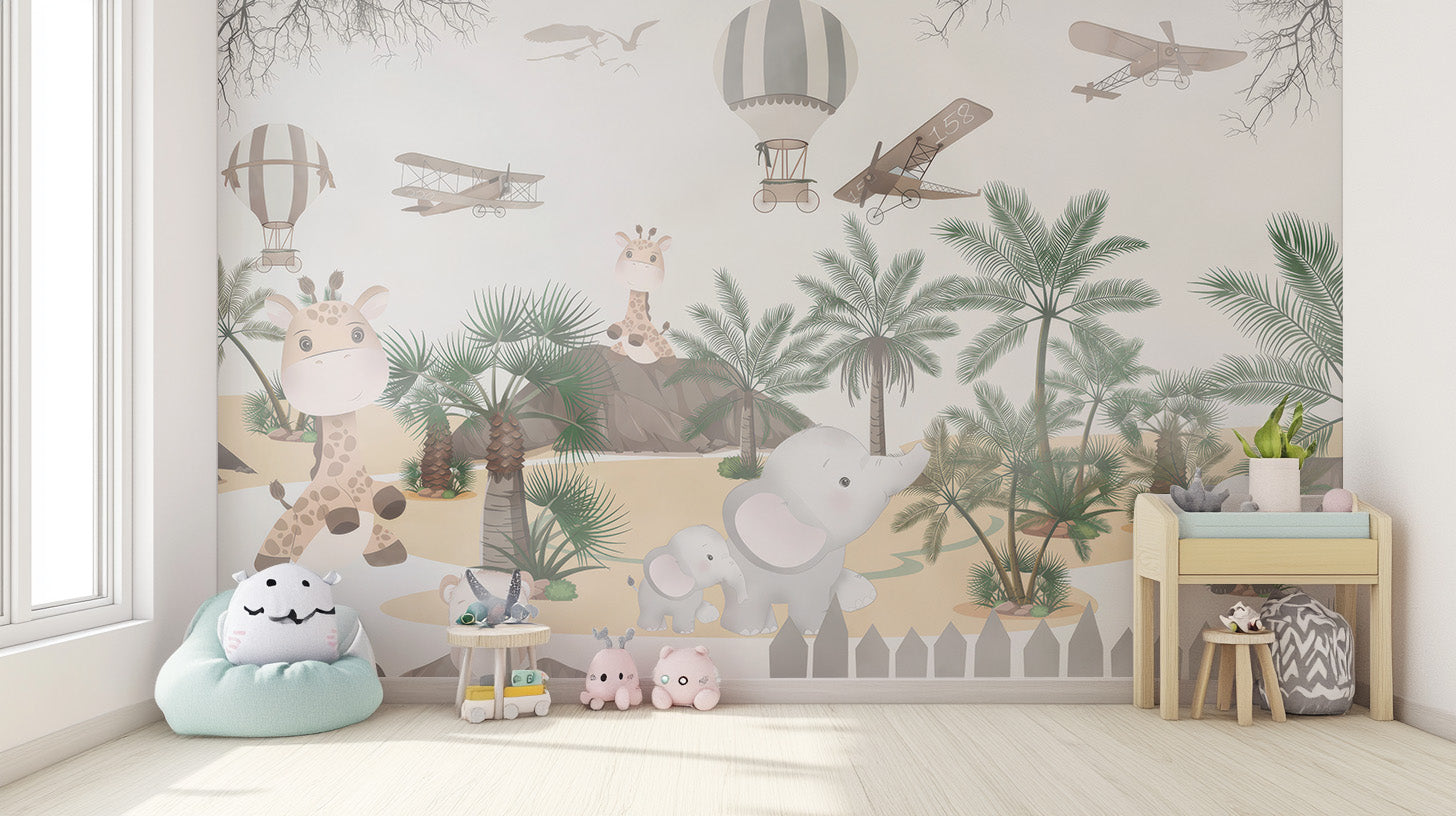 Cute Animal Safari Wallpaper Mural for kids' spaces