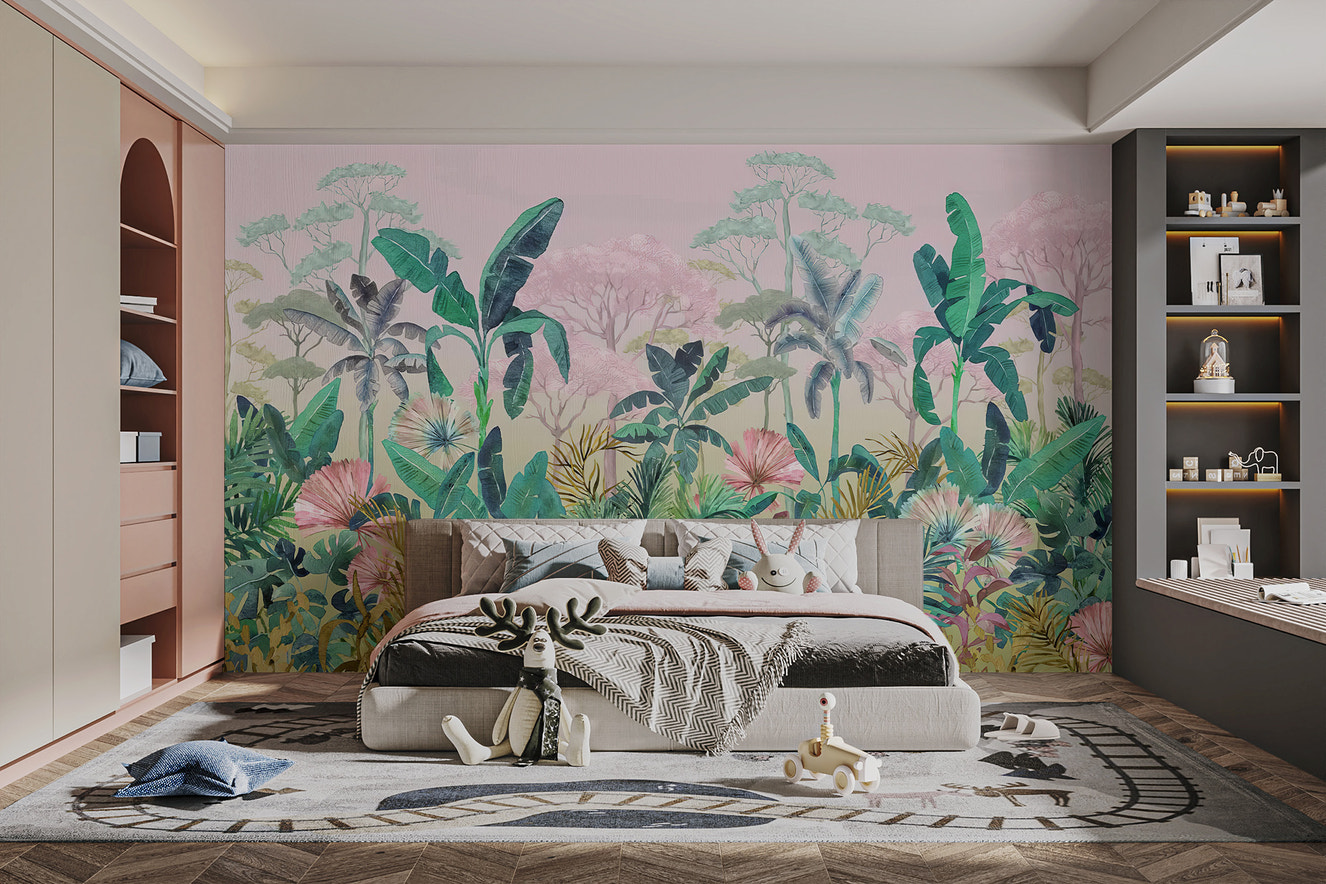 Lush tropical jungle wall mural with vibrant foliage
