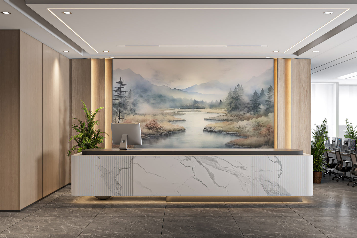 Watercolor mountain river wall mural for home
