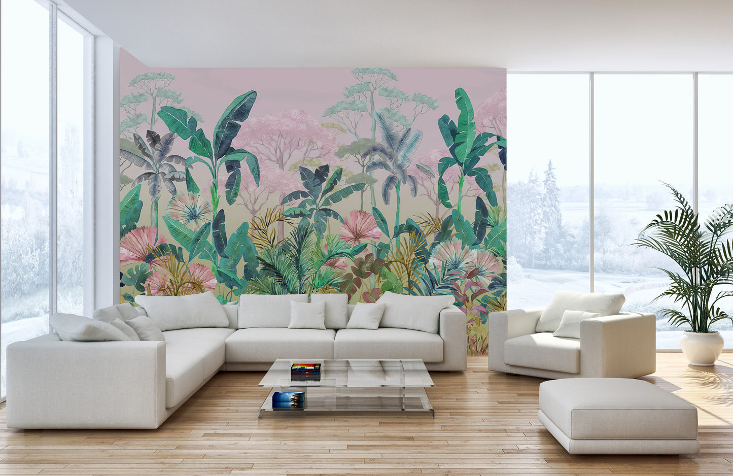 Tropical jungle mural featuring dense greenery and exotic plants
