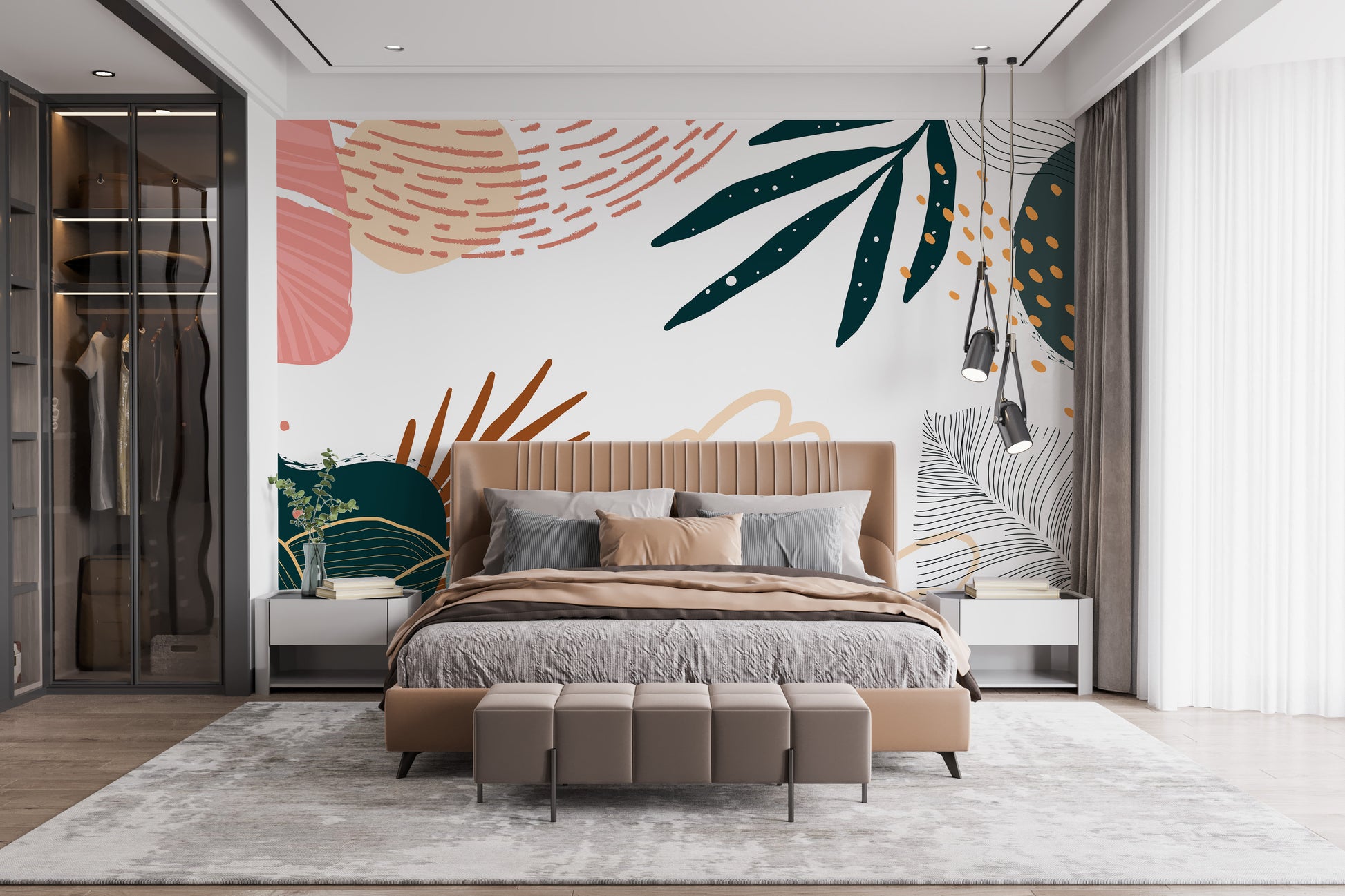 Subtle botanical mural with earthy colors
