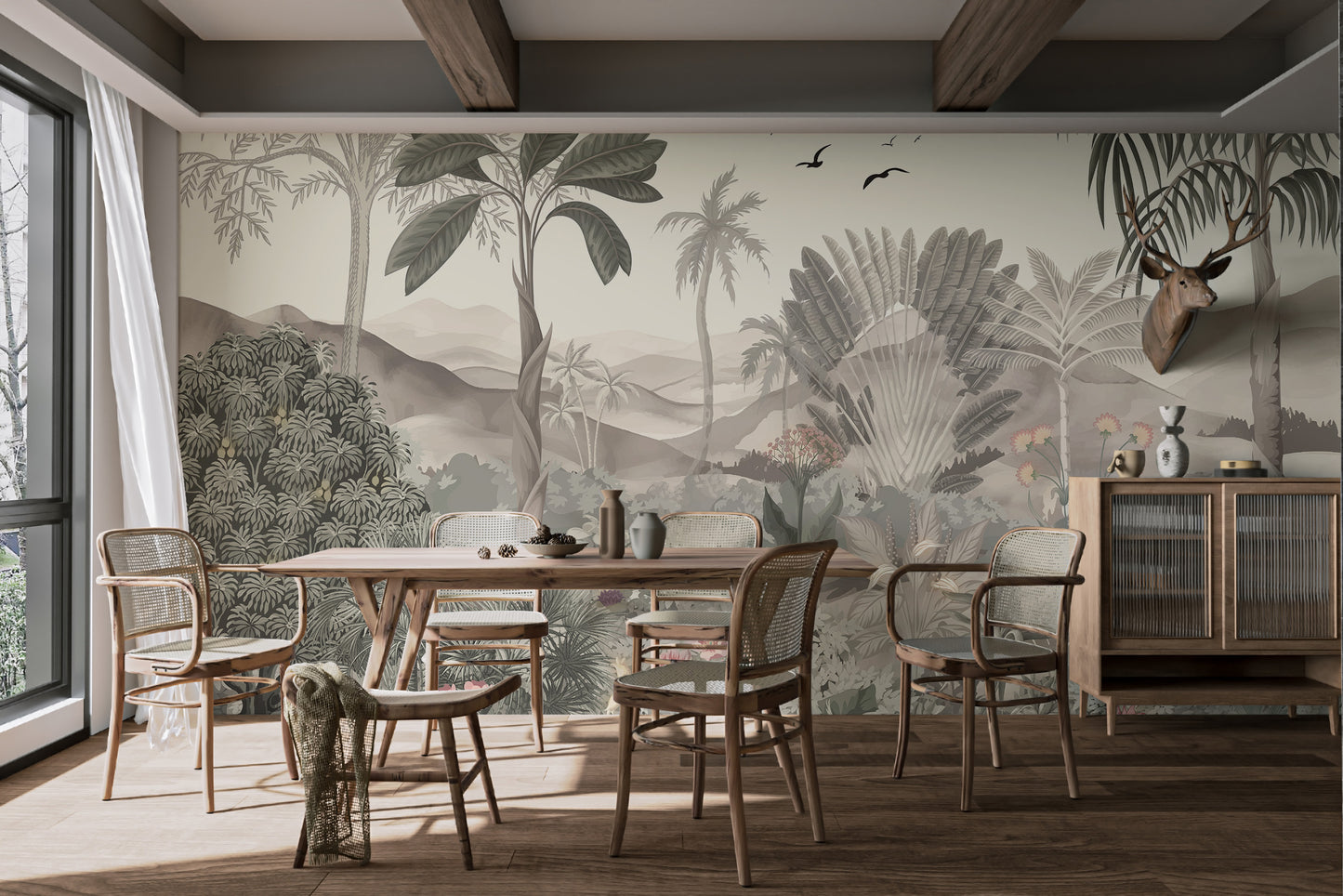 Tropical Jungle Mural with Palm Trees