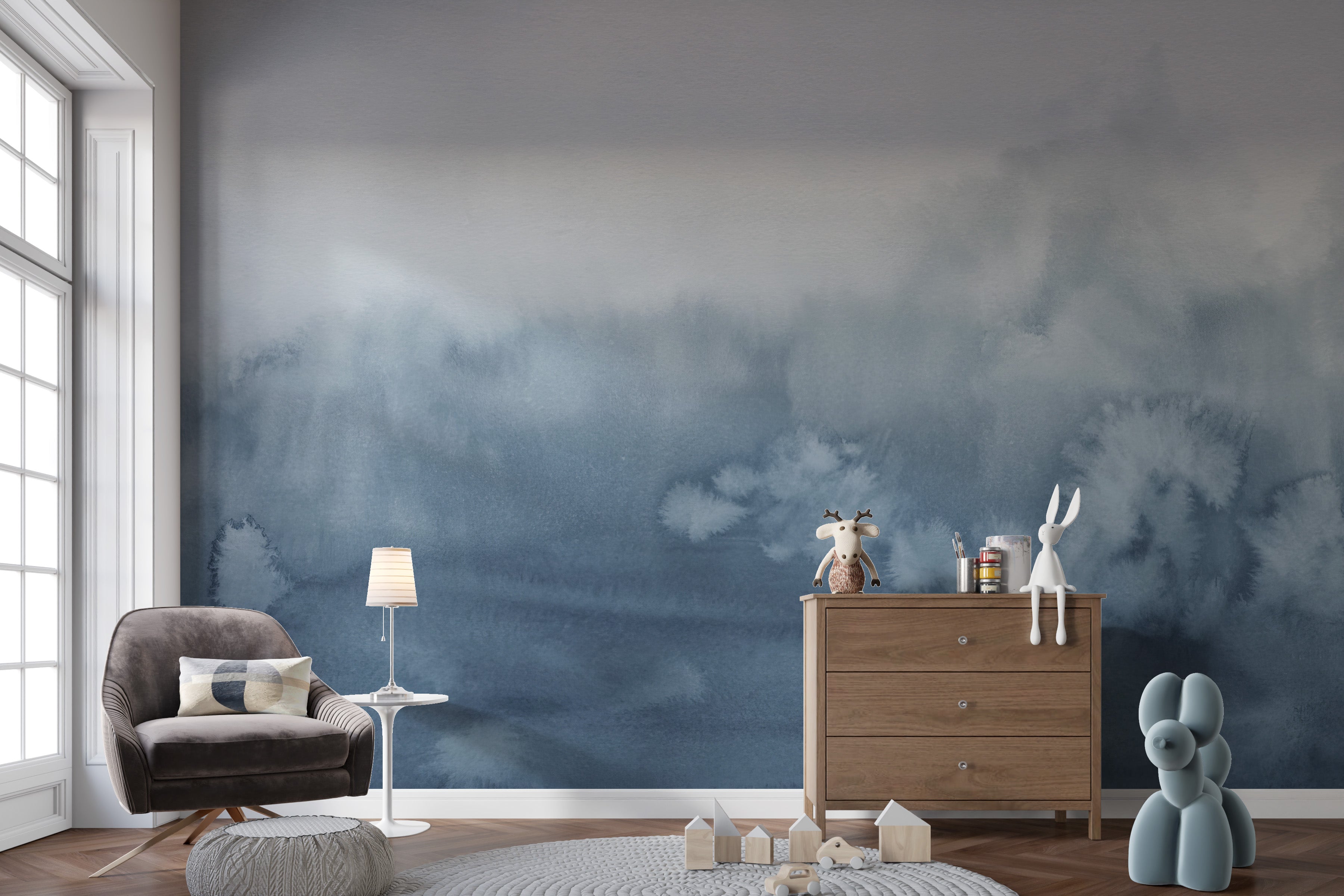 Watercolor-inspired mural with soft blue gradient hues
