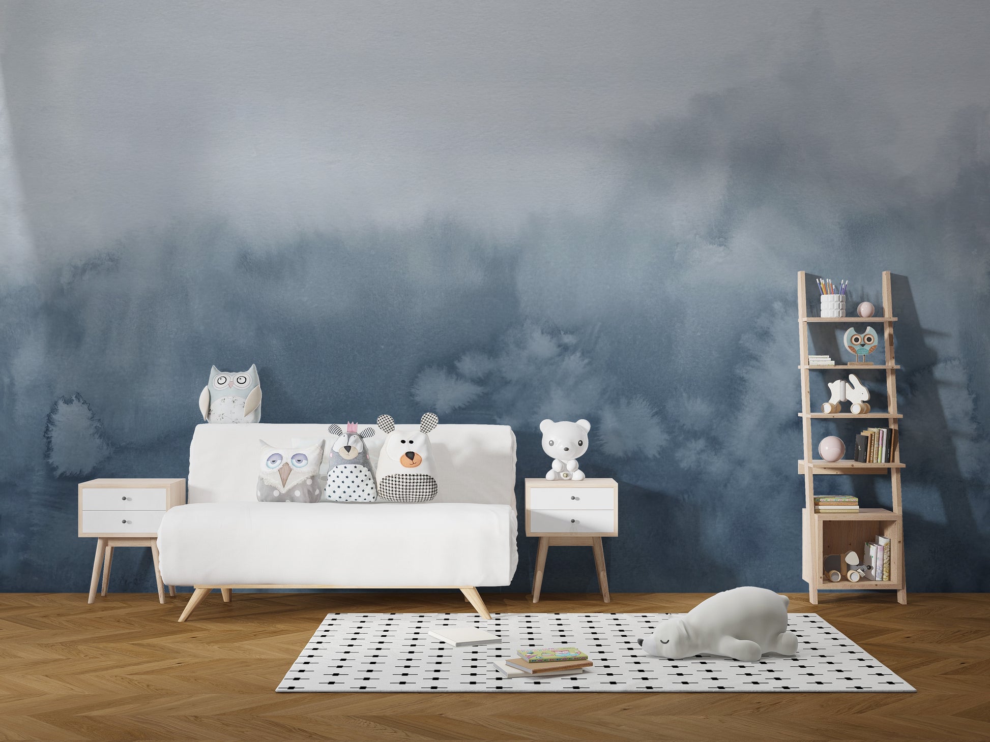 Soothing watercolor wall mural in calming blue tones
