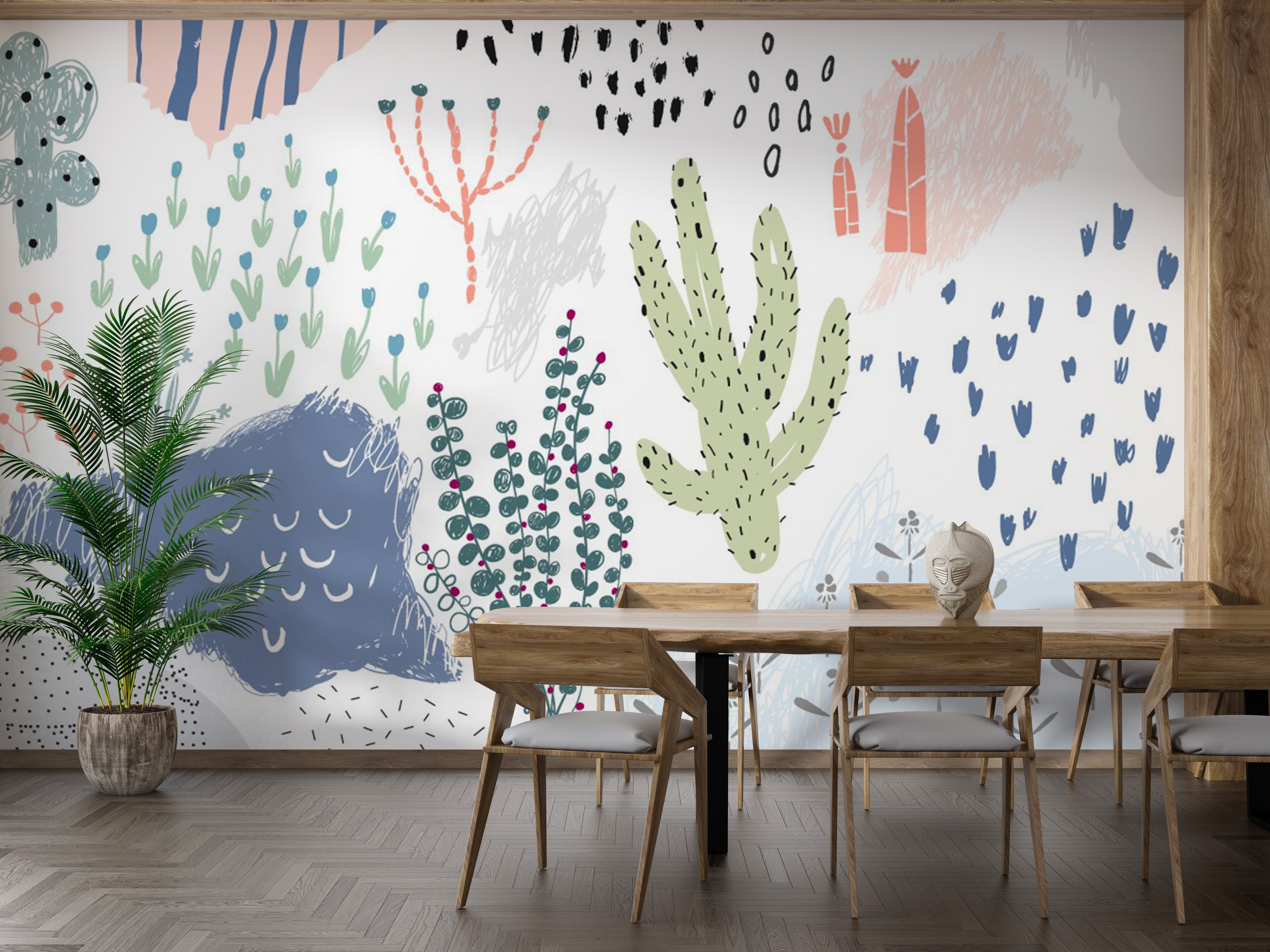 Colorful botanical garden wall mural with abstract designs