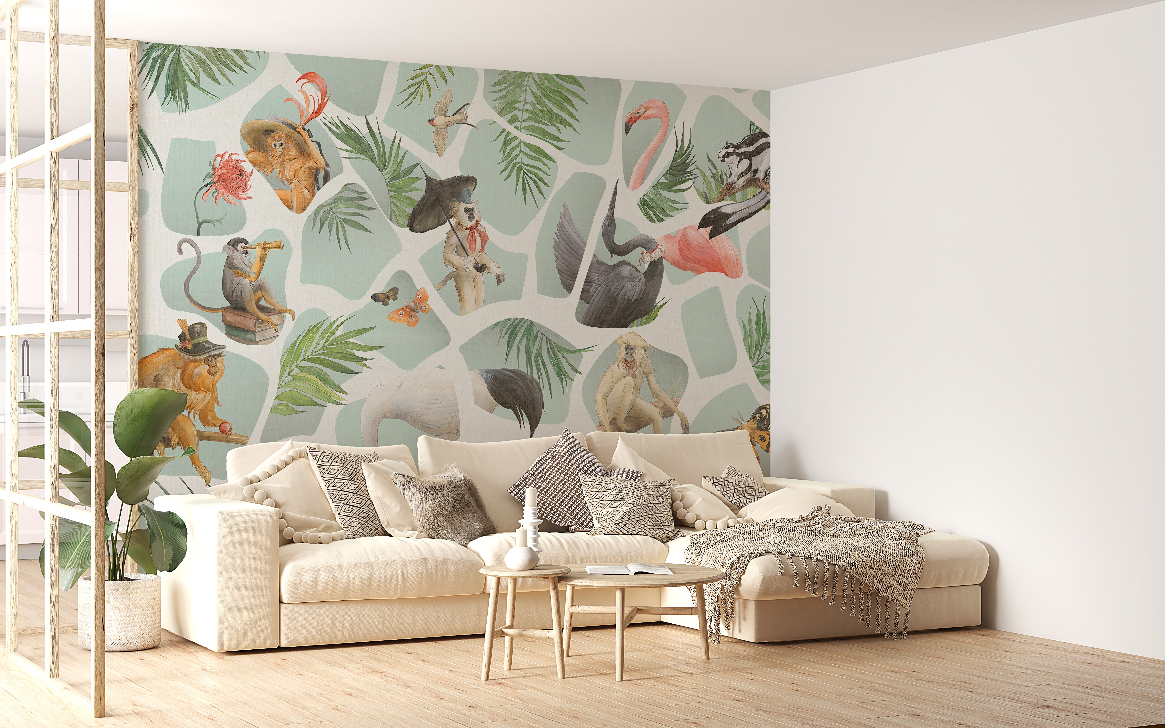 Custom Watercolor Monkey and Birds Wall Mural