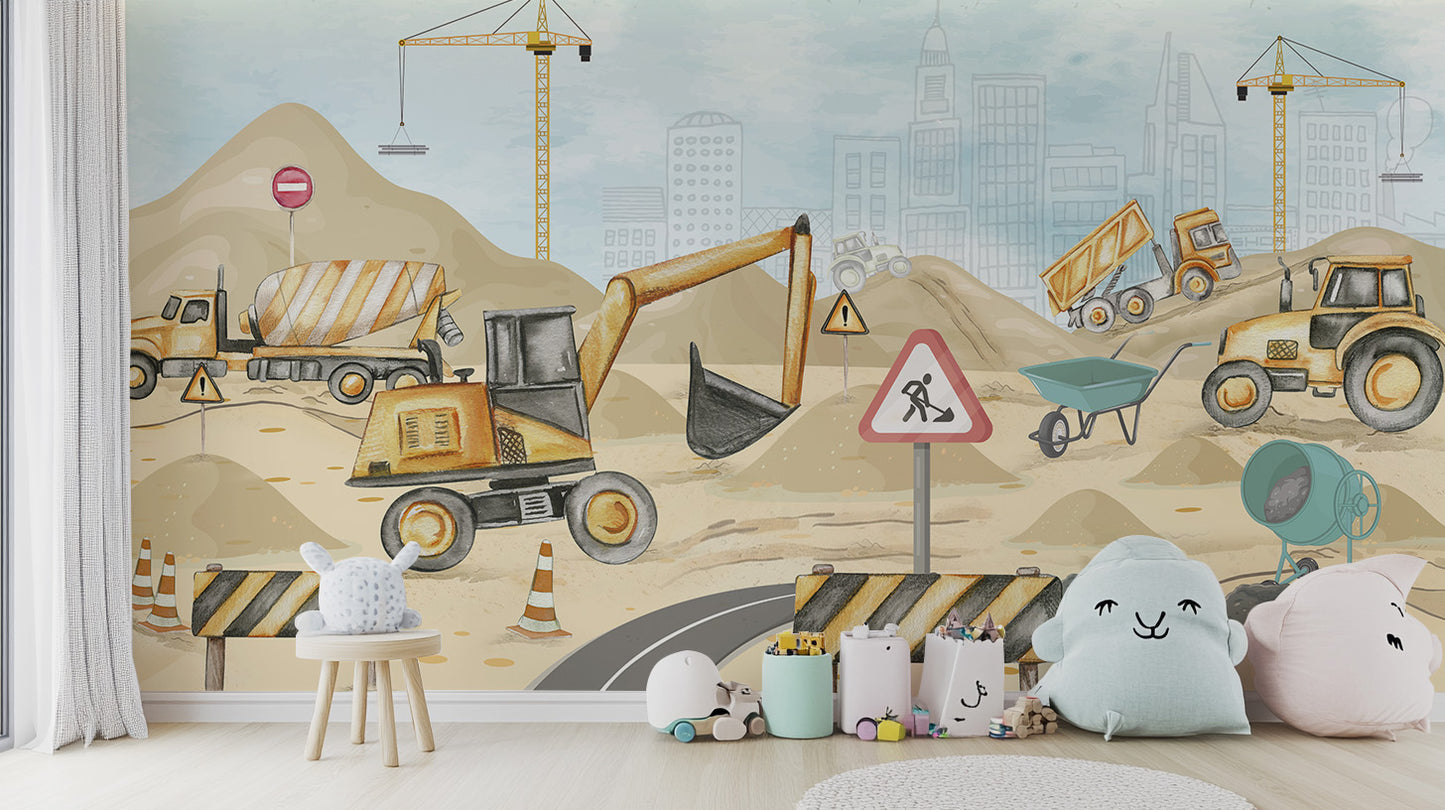 Playful Construction Yard Wallpaper Mural