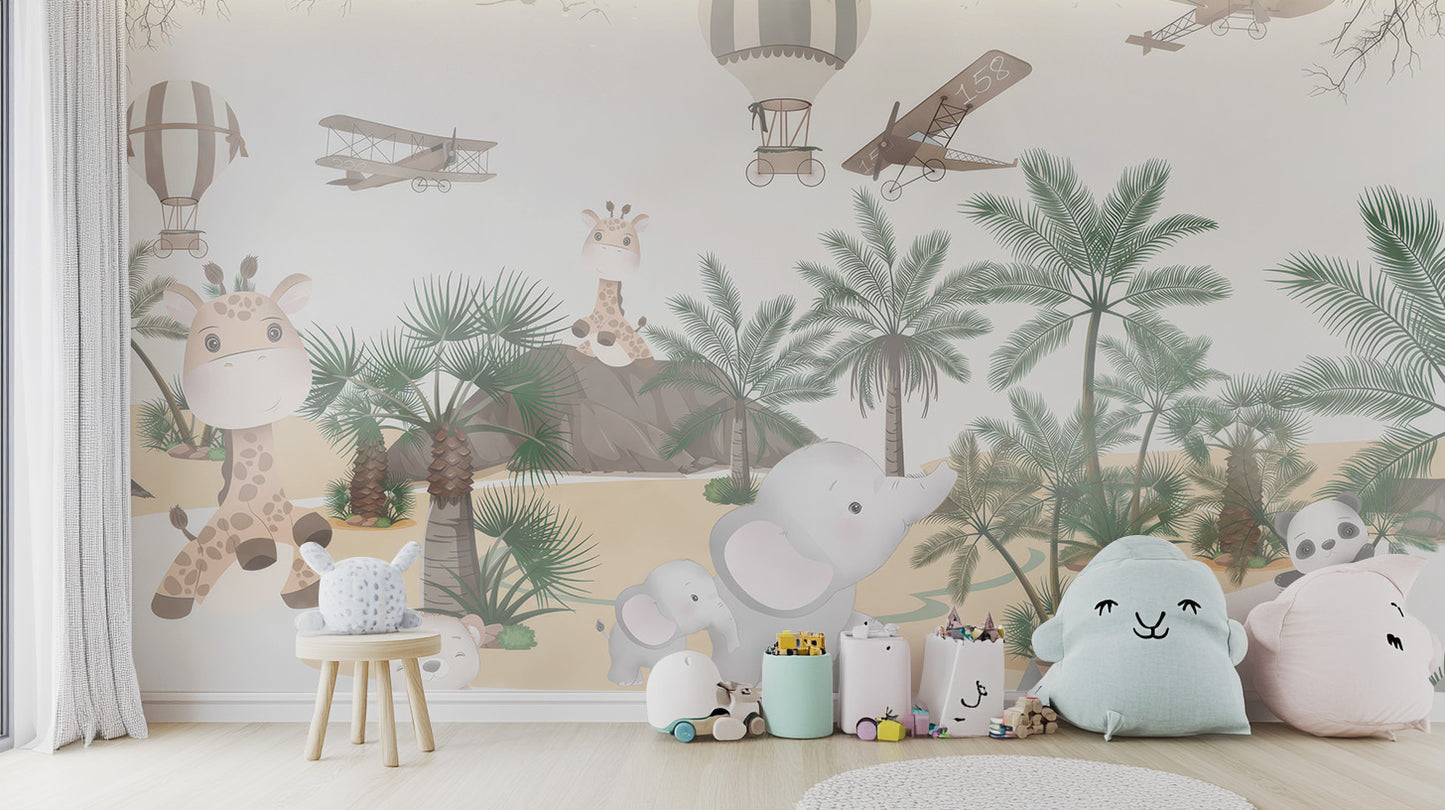 Cute Animal Safari Wall Mural with vibrant jungle animals