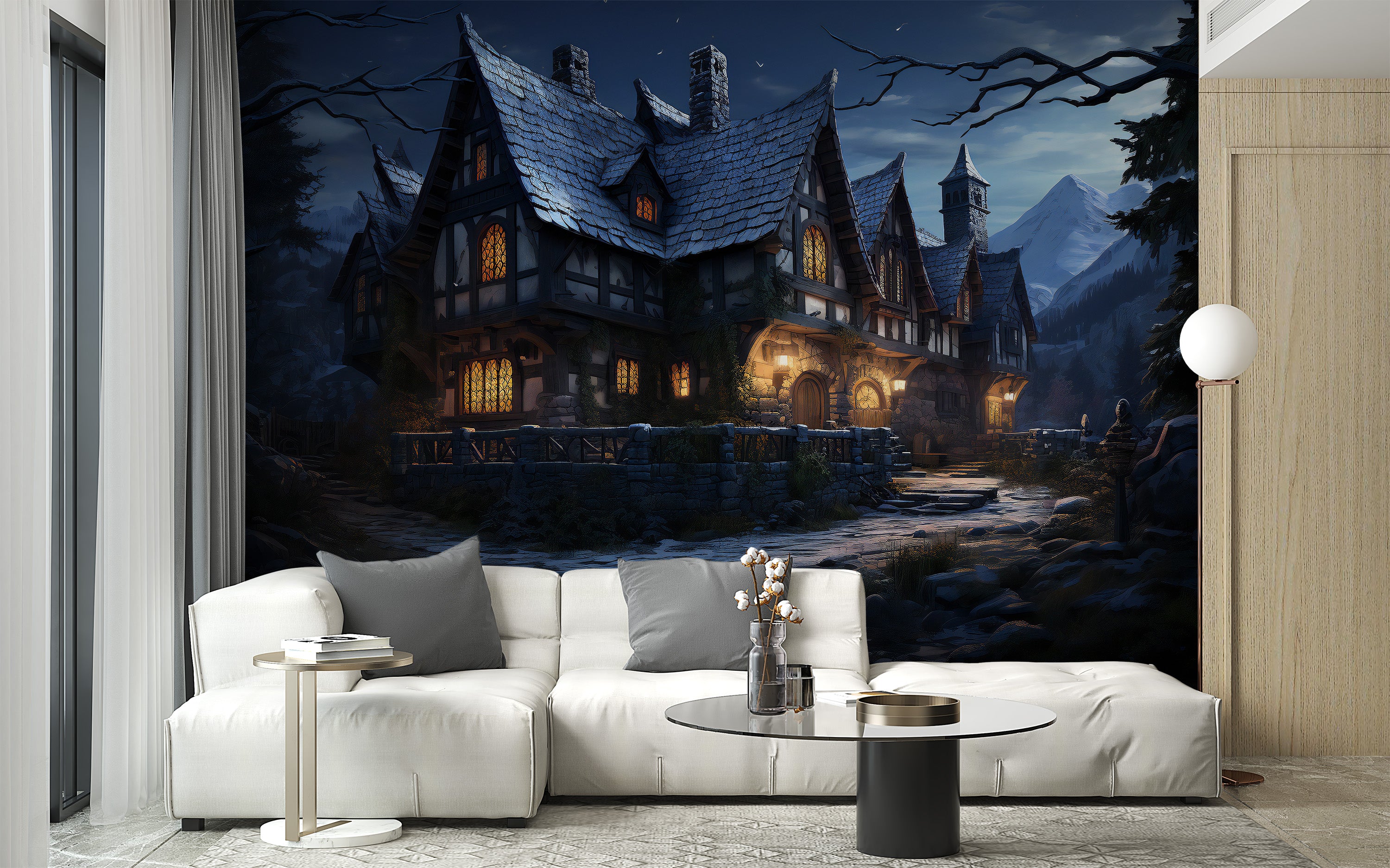 Haunted cottage wall mural with an enchanting eerie vibe