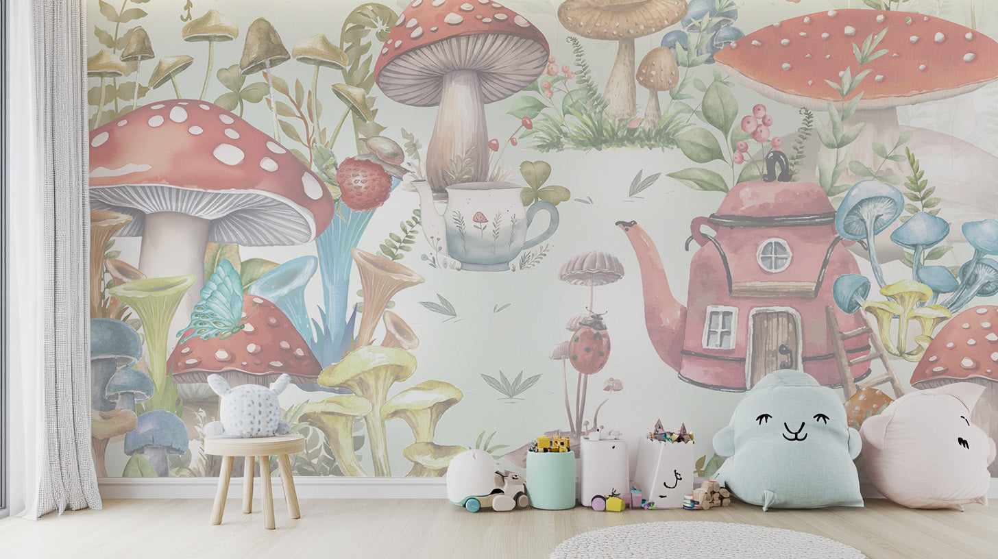 Whimsical Mushroom Village Kids Wallpaper