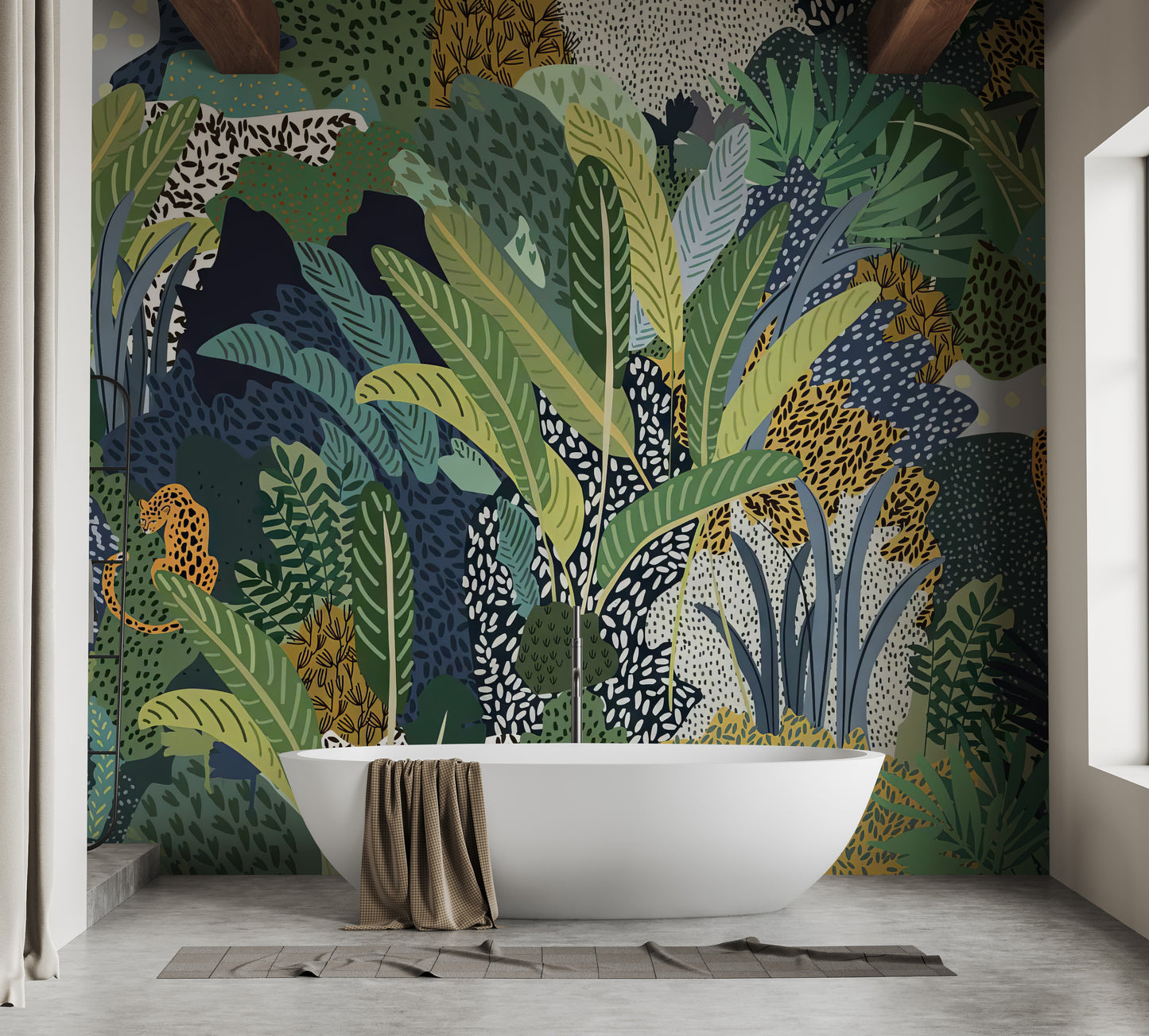 Exotic mural featuring a jungle cat in vivid natural surroundings
