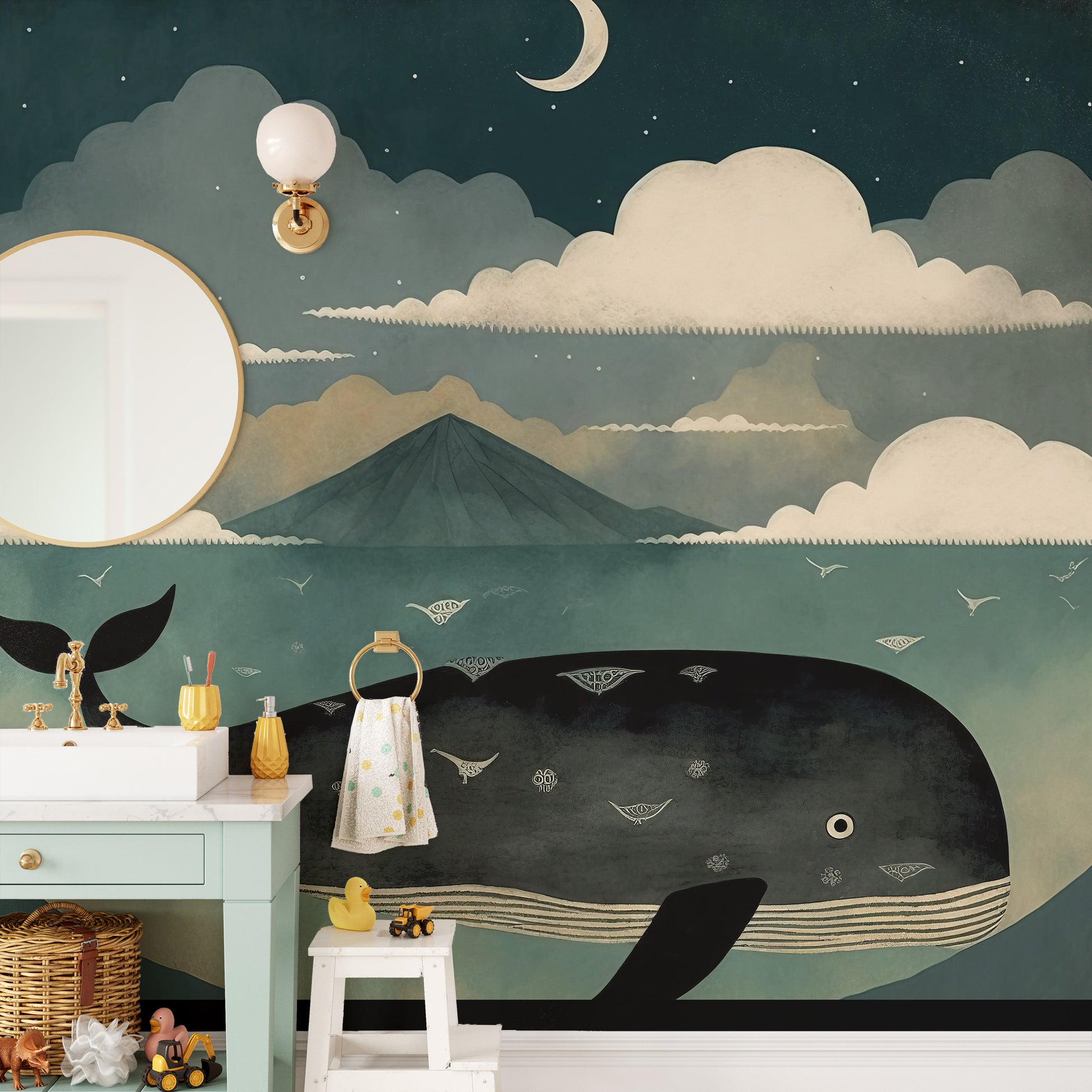 Self-adhesive whale under moon mural for peaceful interiors