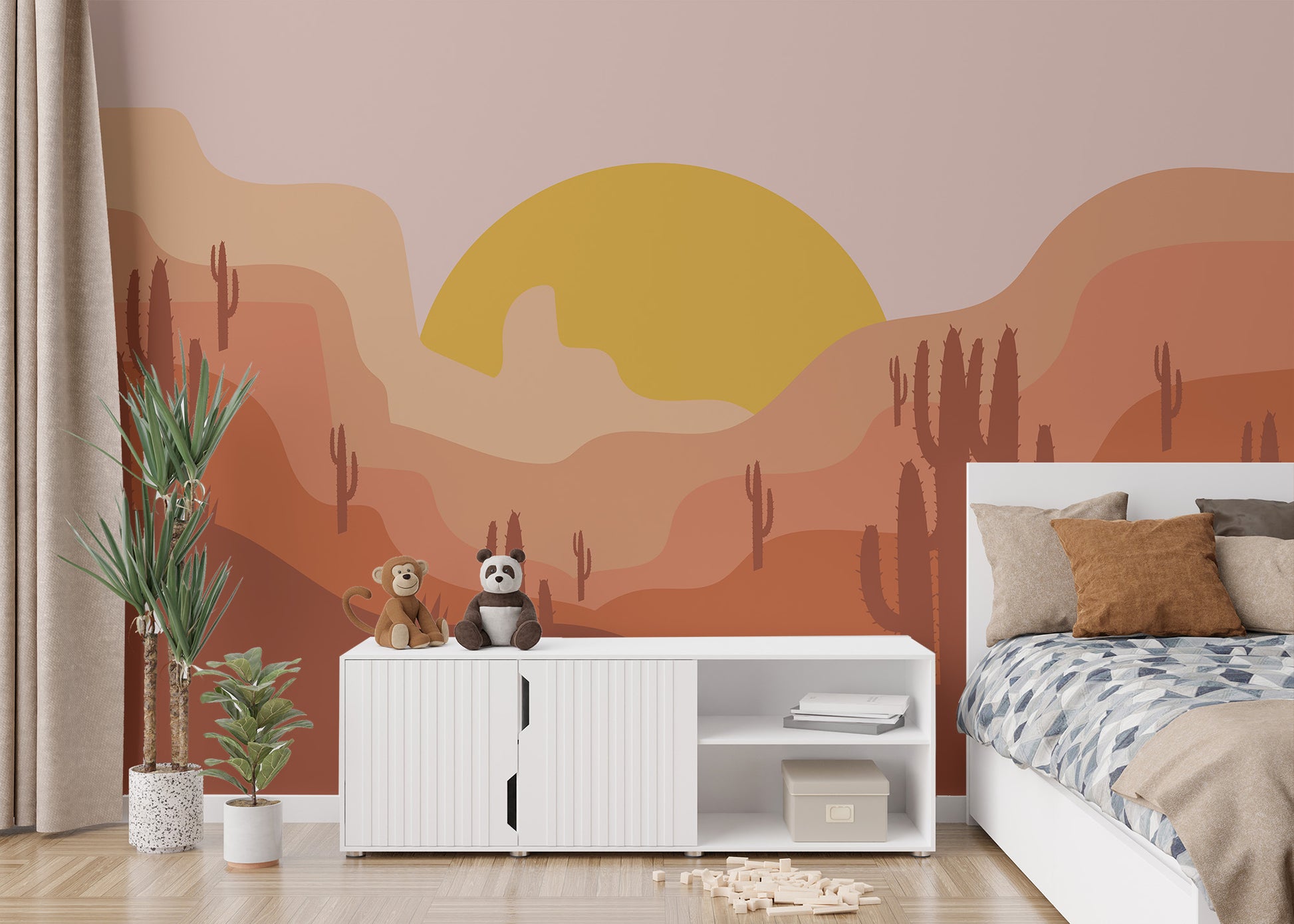 Sunset cactus mural in golden tones for home interiors.