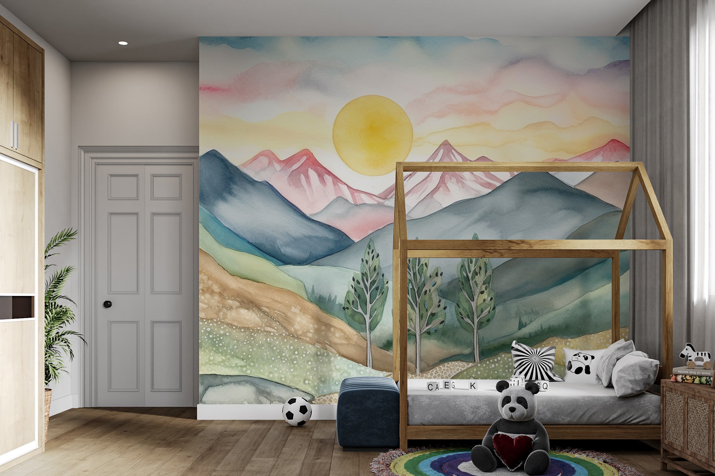 Scenic pastel peaks mural for kids
