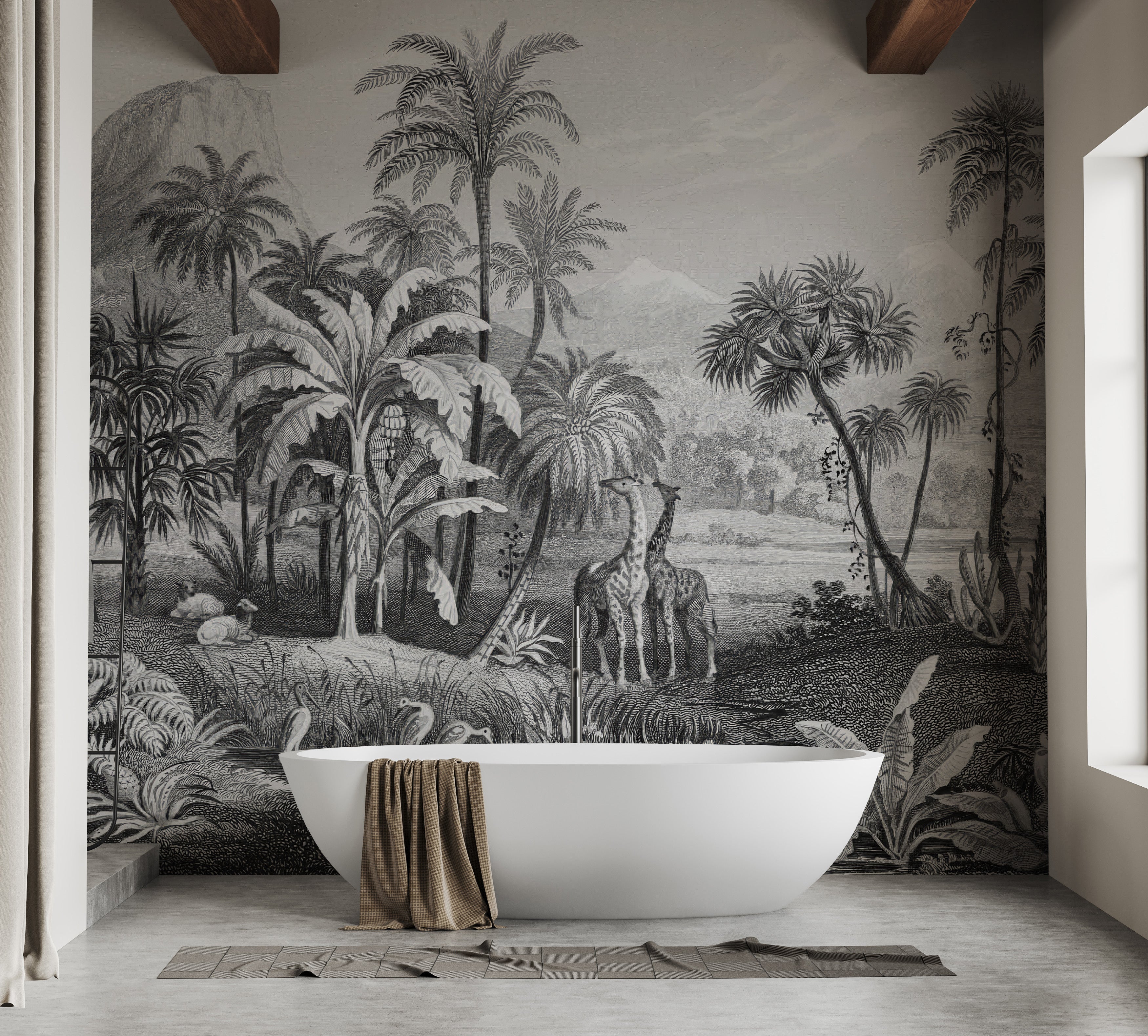 Black and white tropical jungle mural featuring lush foliage
