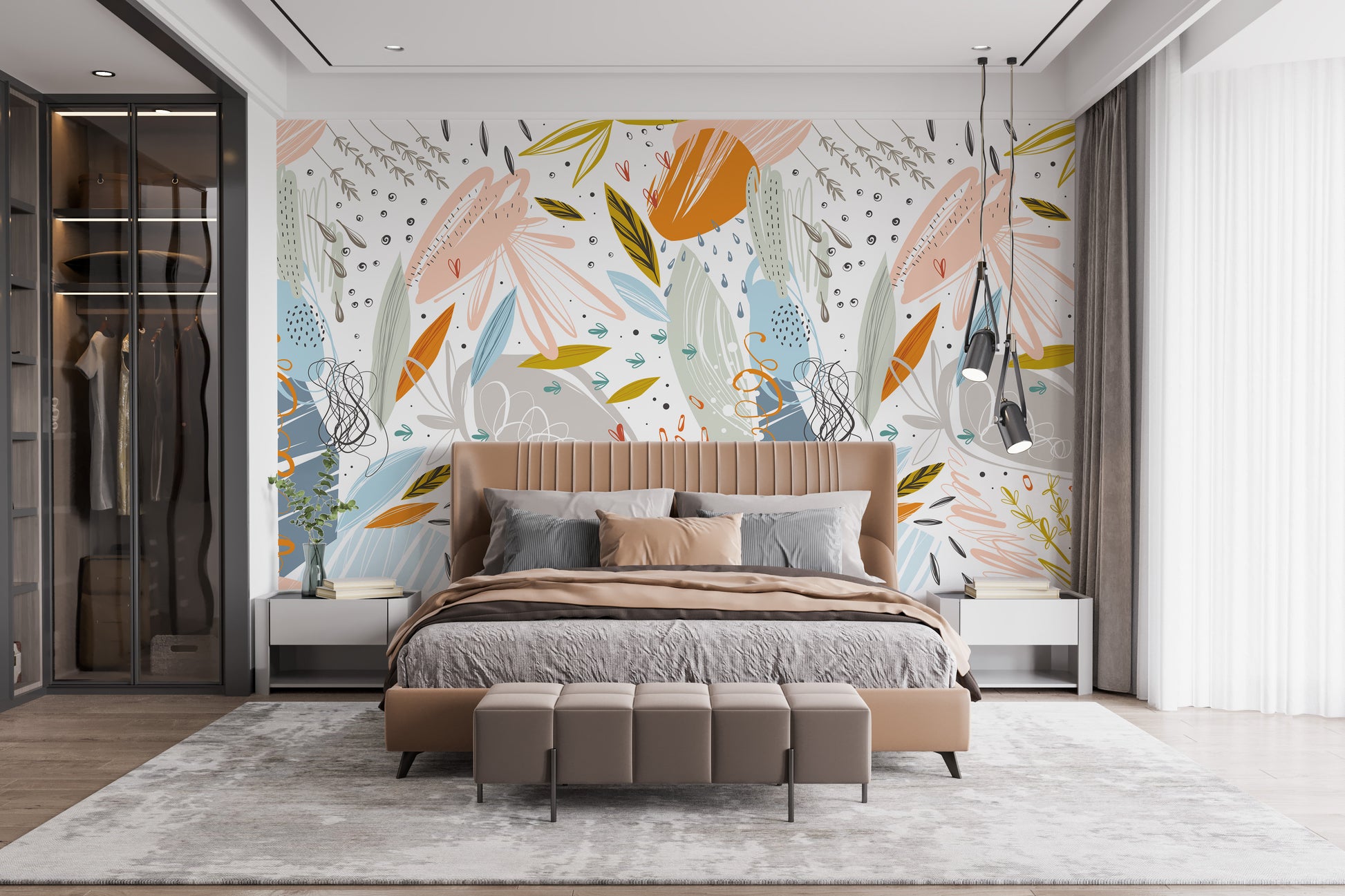 Artistic leaf sketch wallpaper mural
