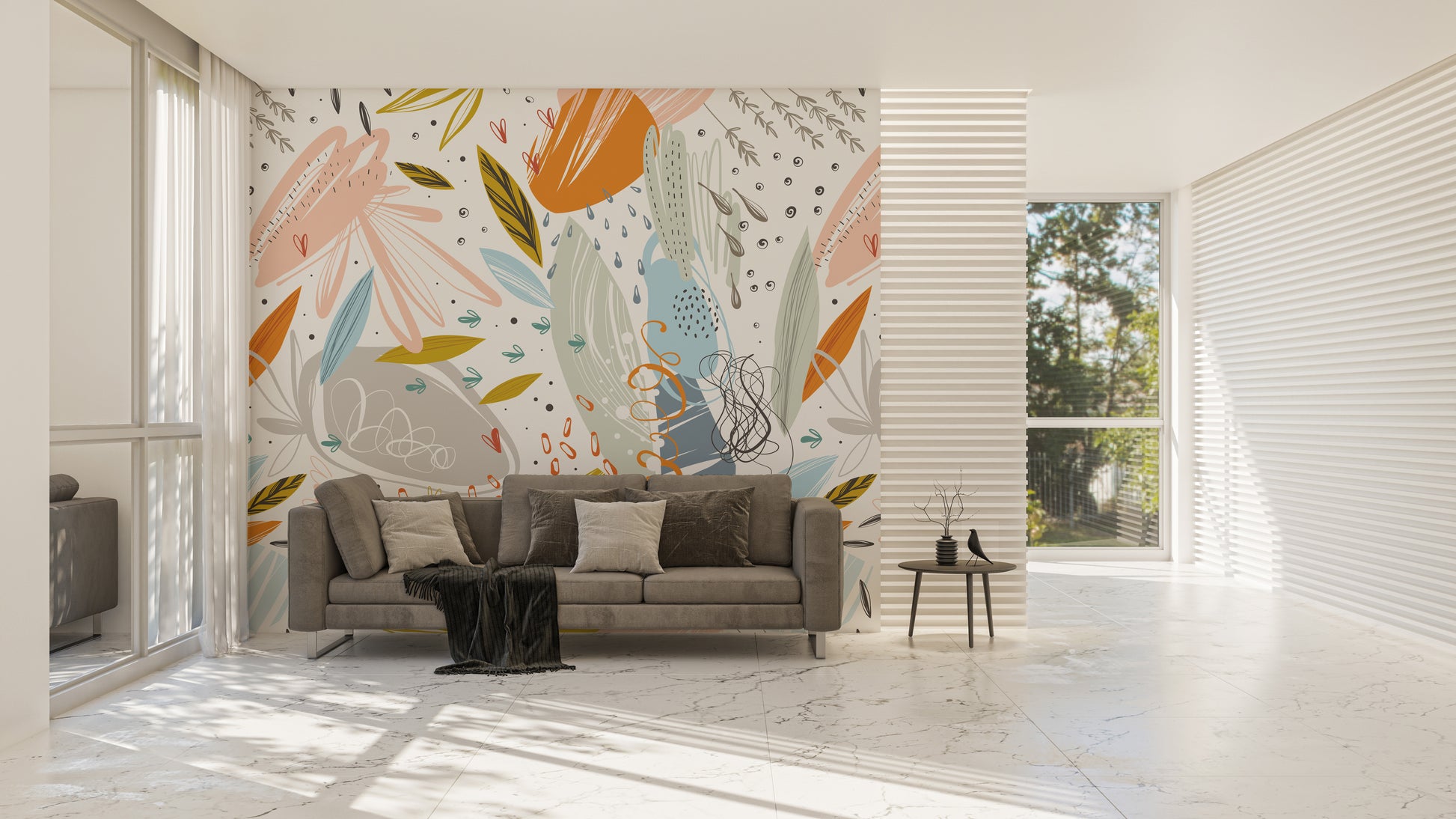 Hand-drawn leaf wallpaper mural style
