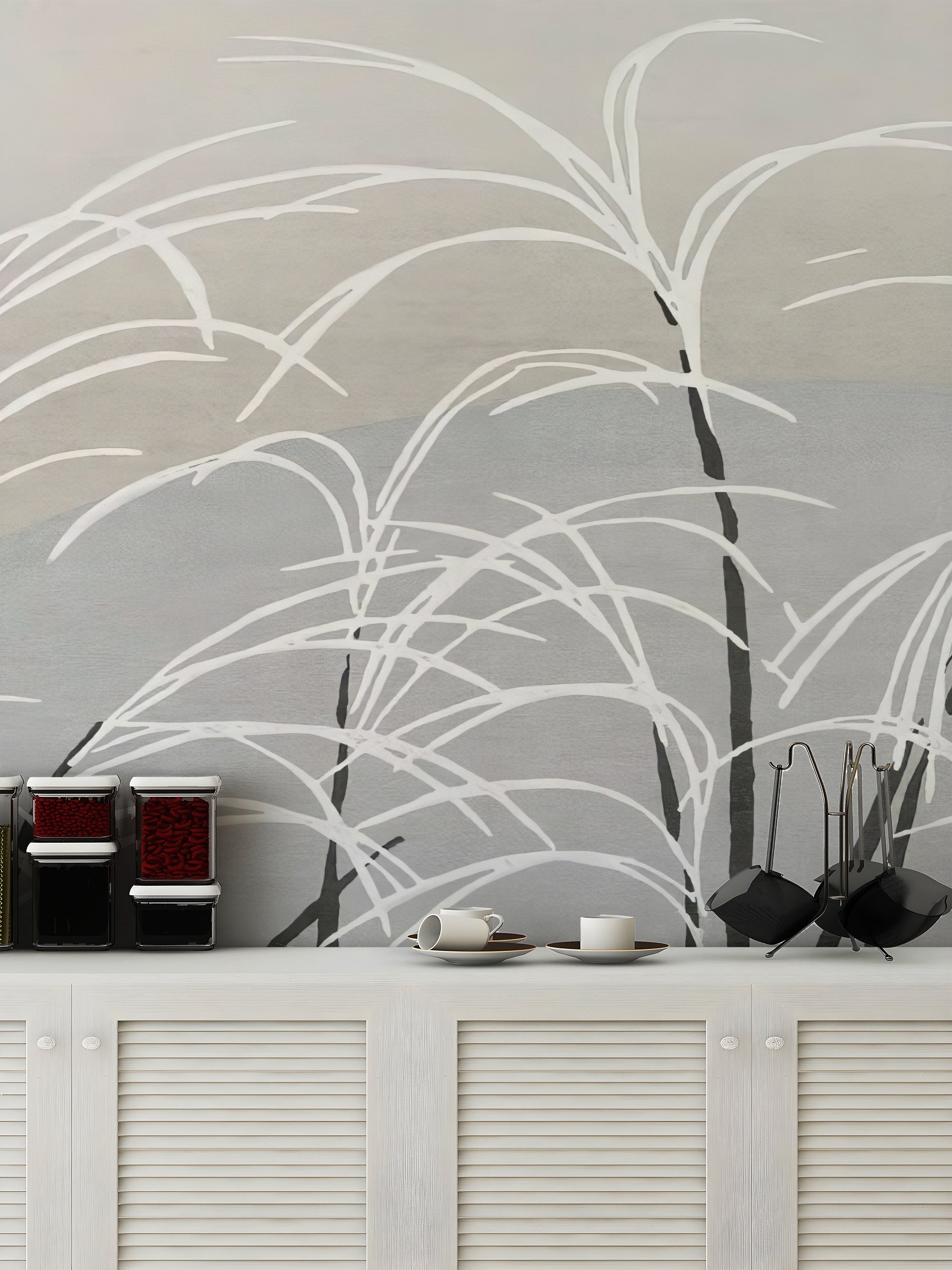 Calming wall mural showcasing graceful white reeds
