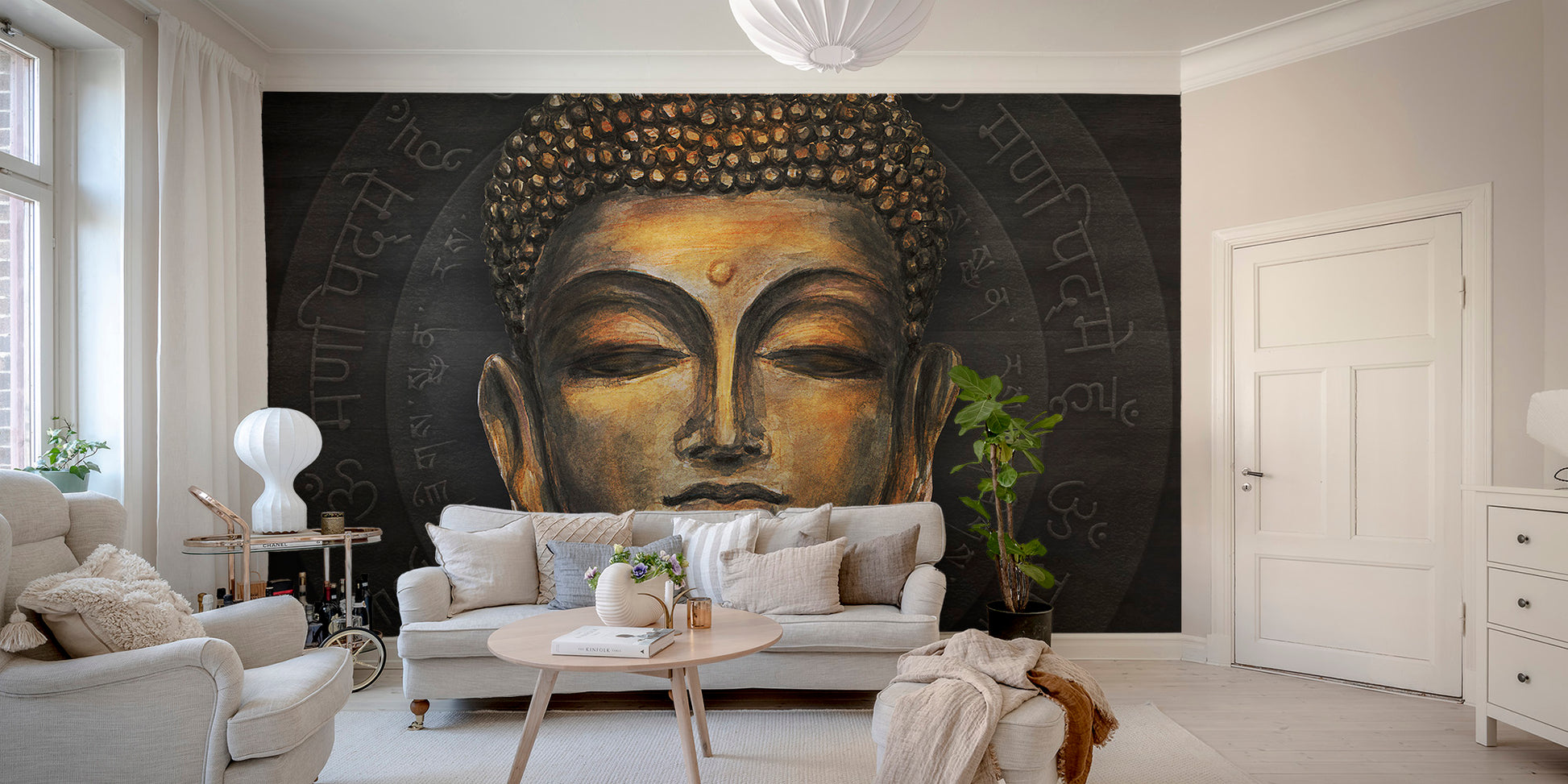 Spiritual golden Buddha mural for interiors
