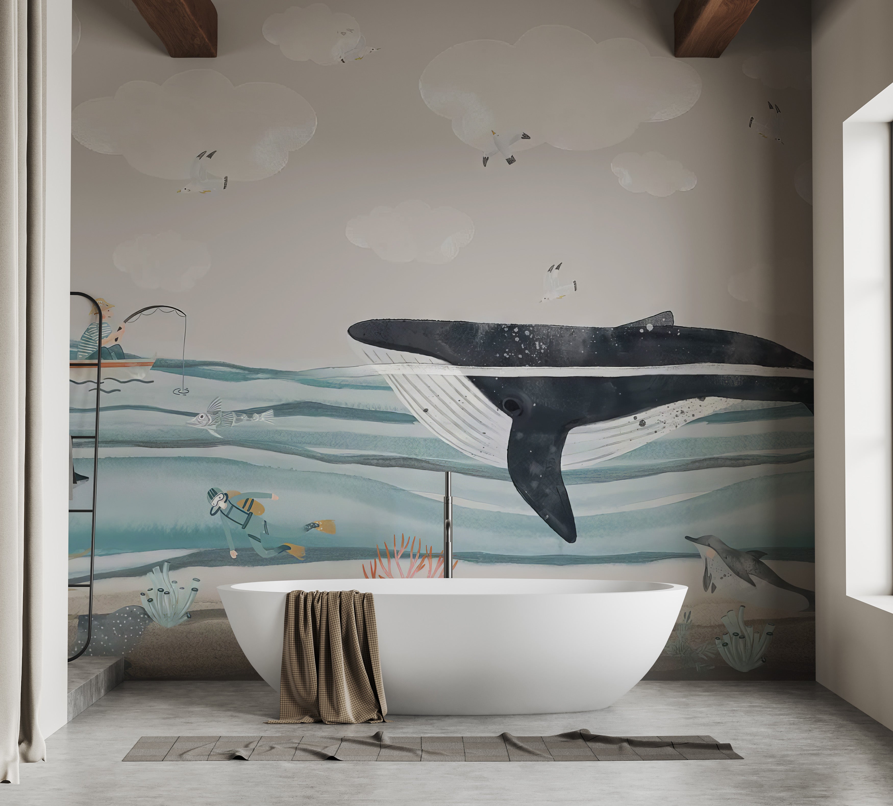 Big whale kids wallpaper mural with a playful underwater scene
