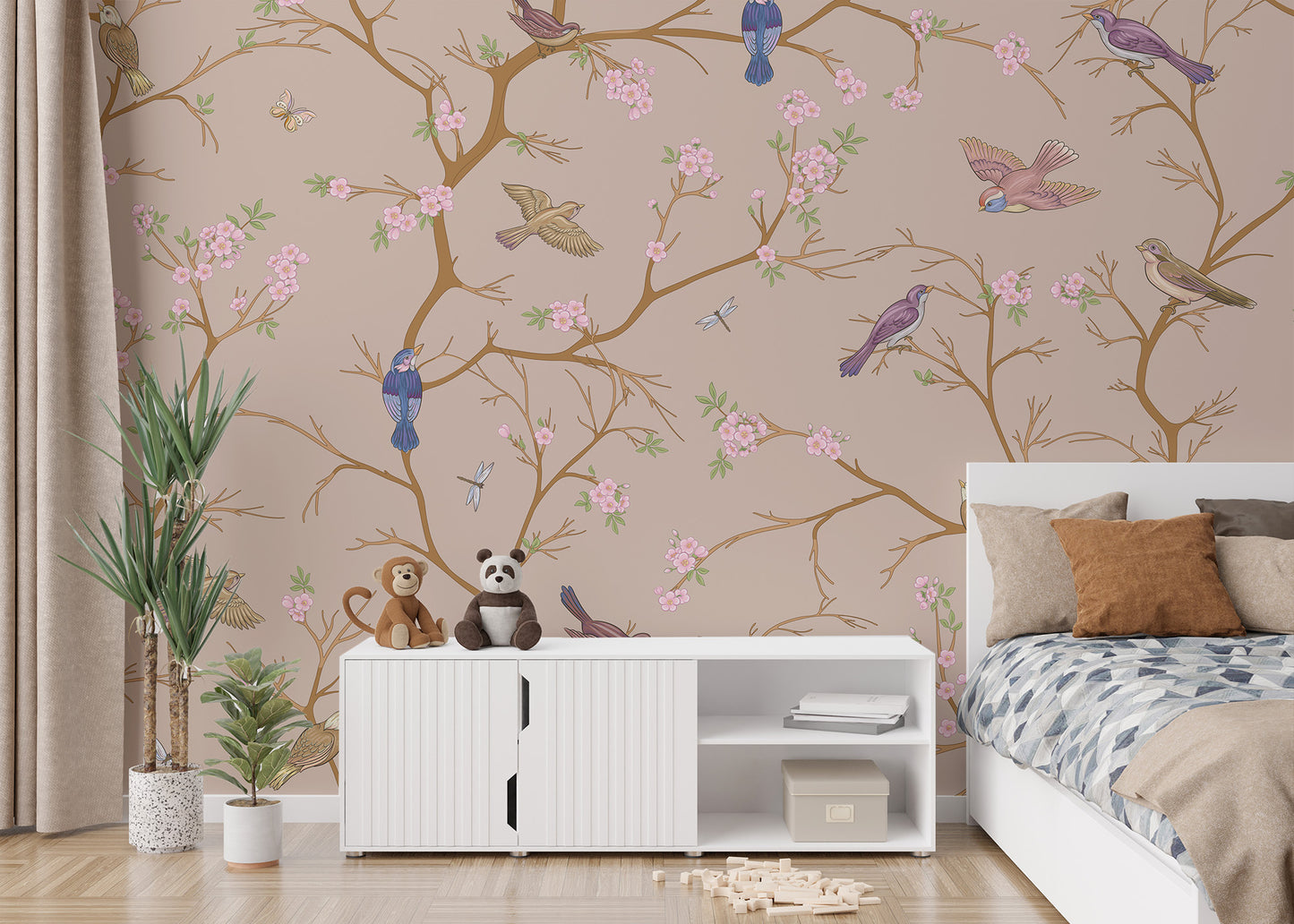 Beige blossom wall mural with birds for calm ambiance
