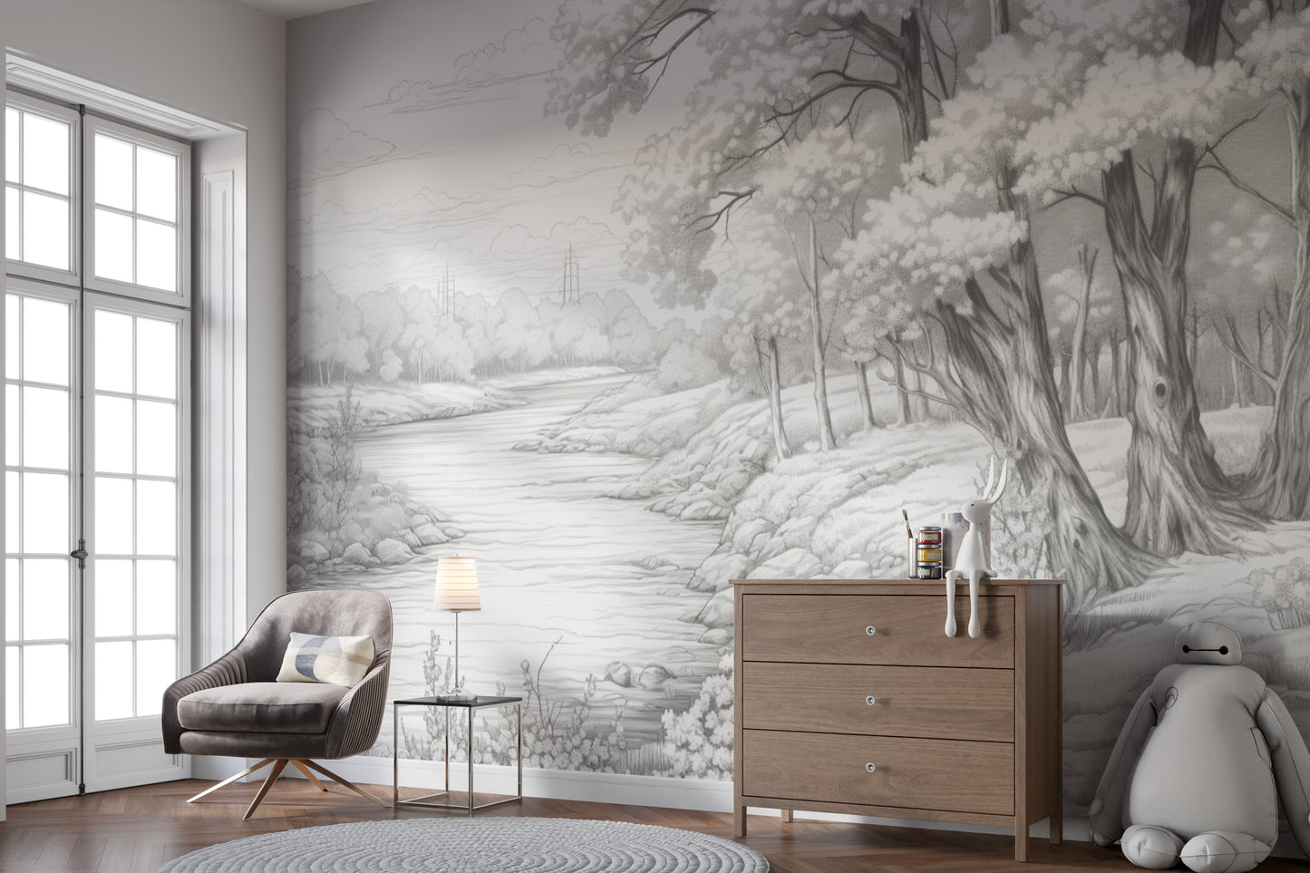 Elegant grey forest mural for serene room decor
