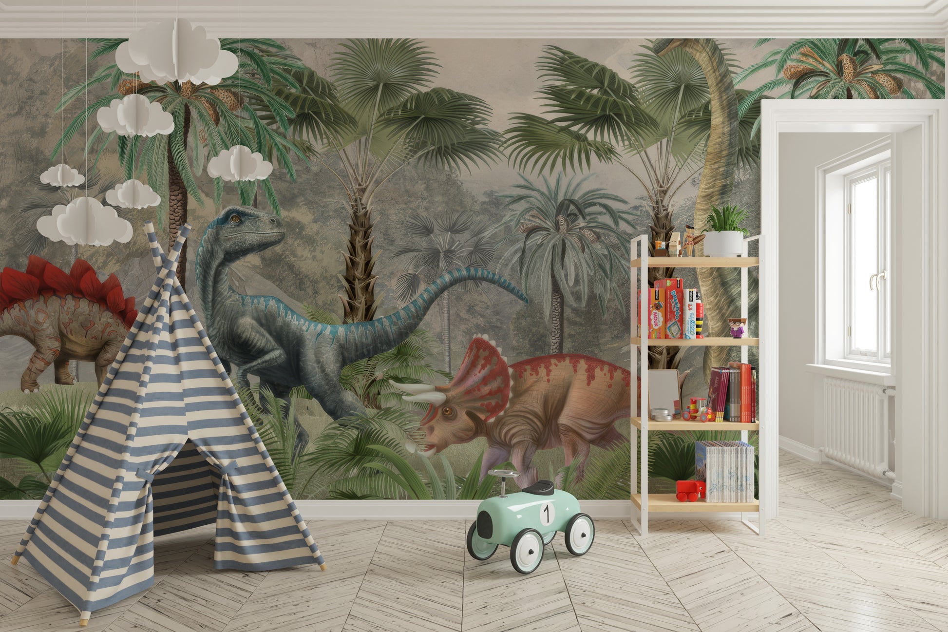 Whimsical dinosaur mural wallpaper for playful interiors