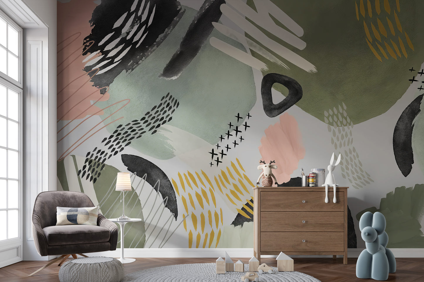 Artistic wallpaper mural with bold abstract pattern details
