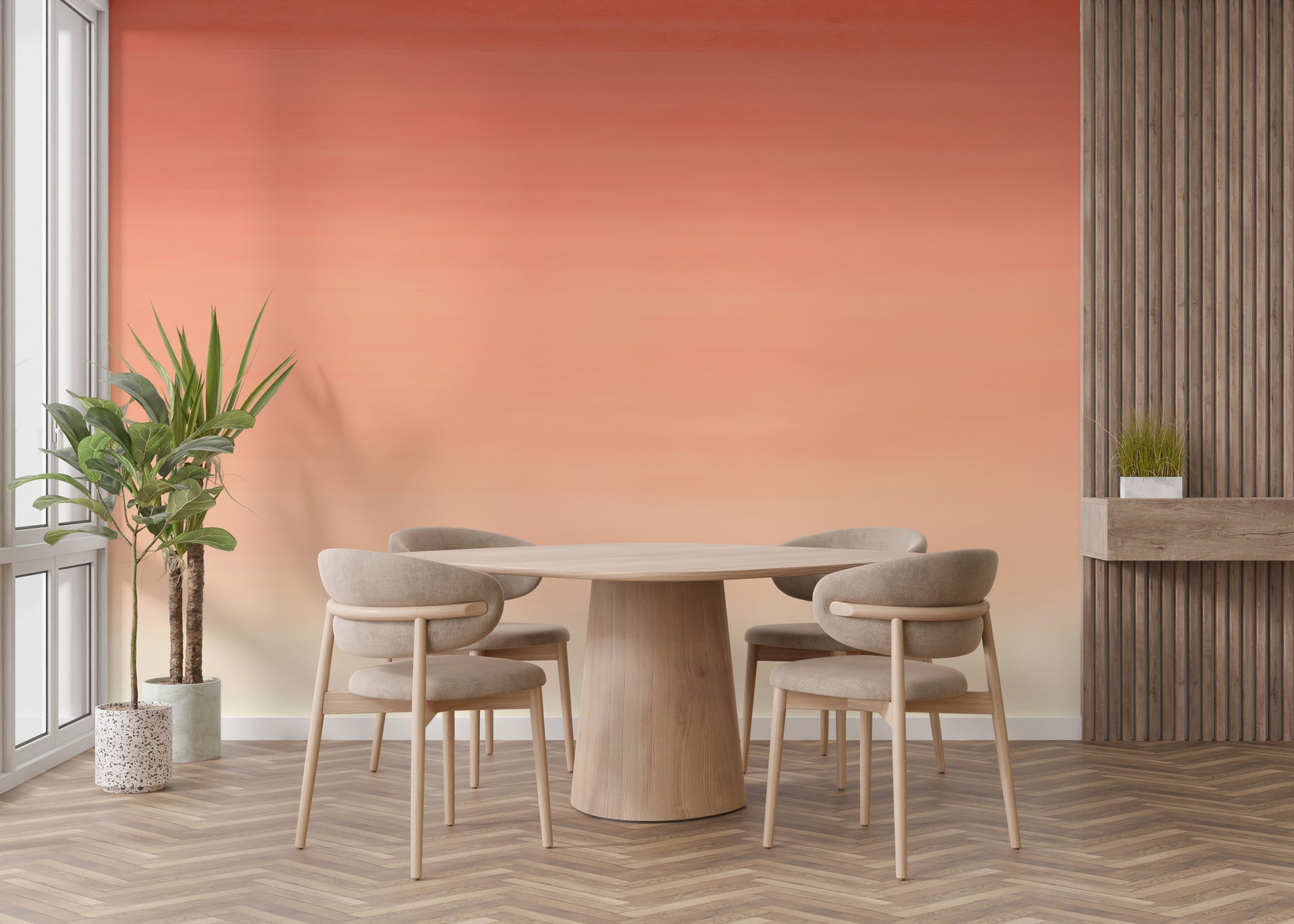 Vibrant orange gradient mural adding warmth to the space
