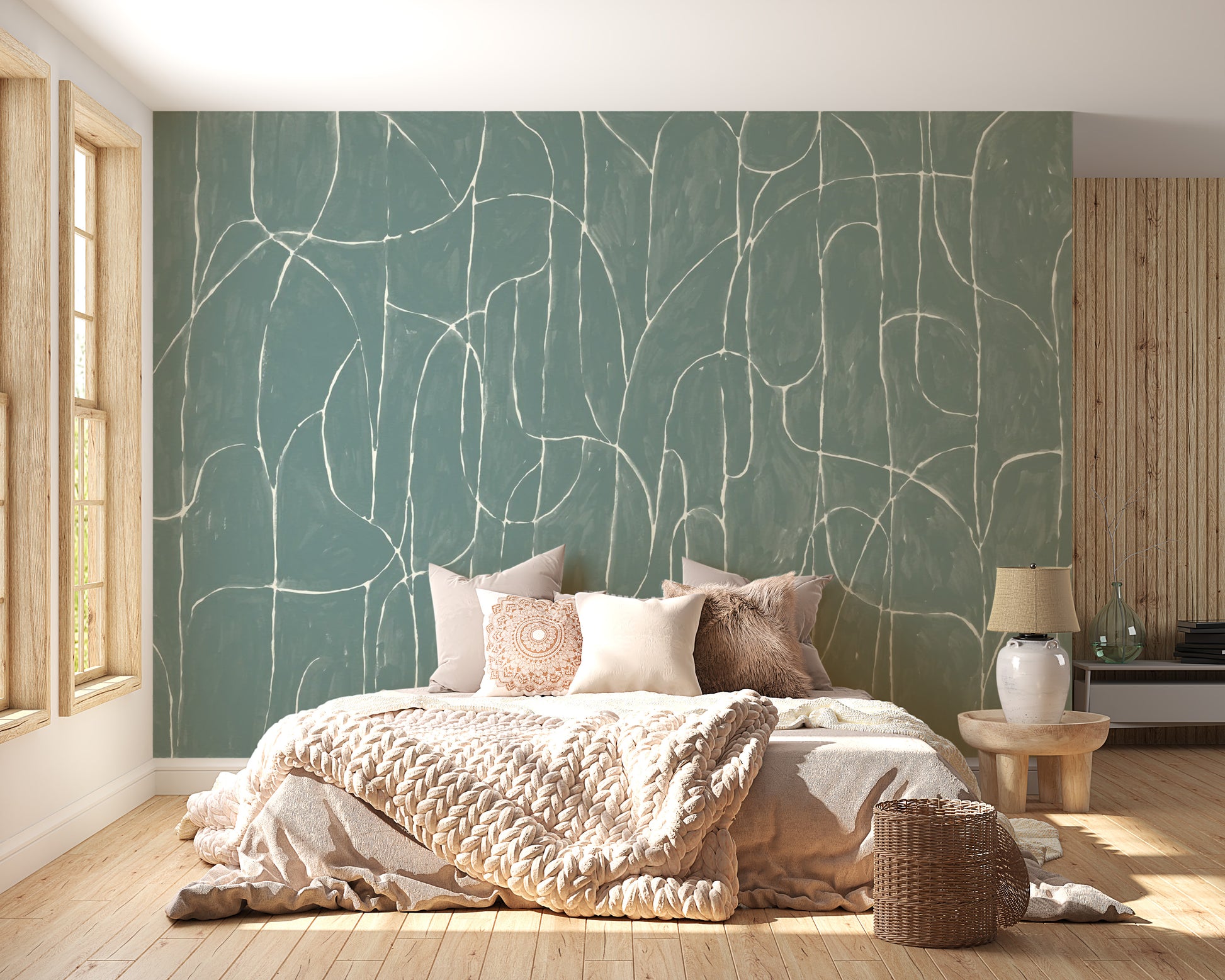 Jade blue boulder beach mural for tranquil interiors
