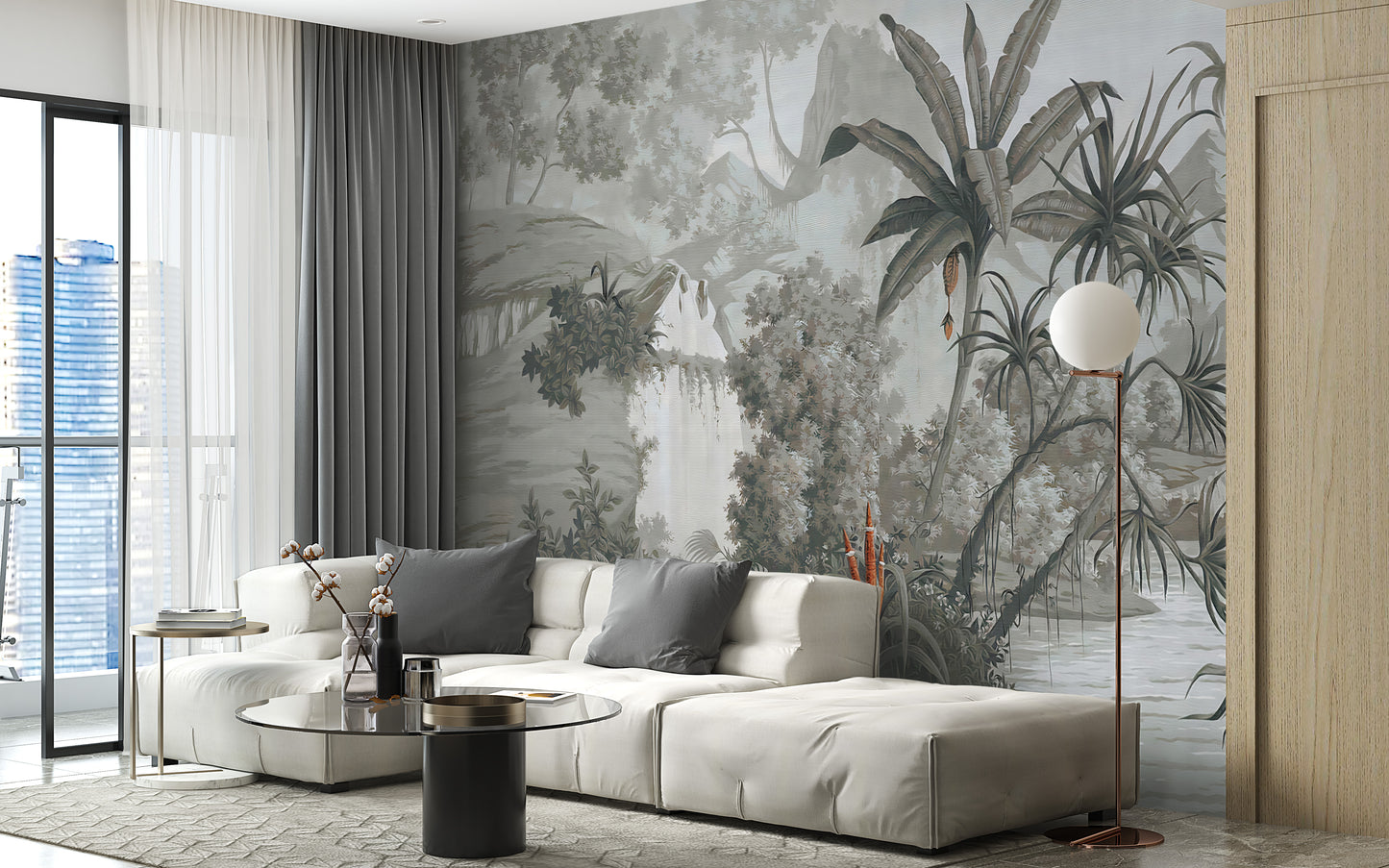 Serene monotone woodland mural for walls
