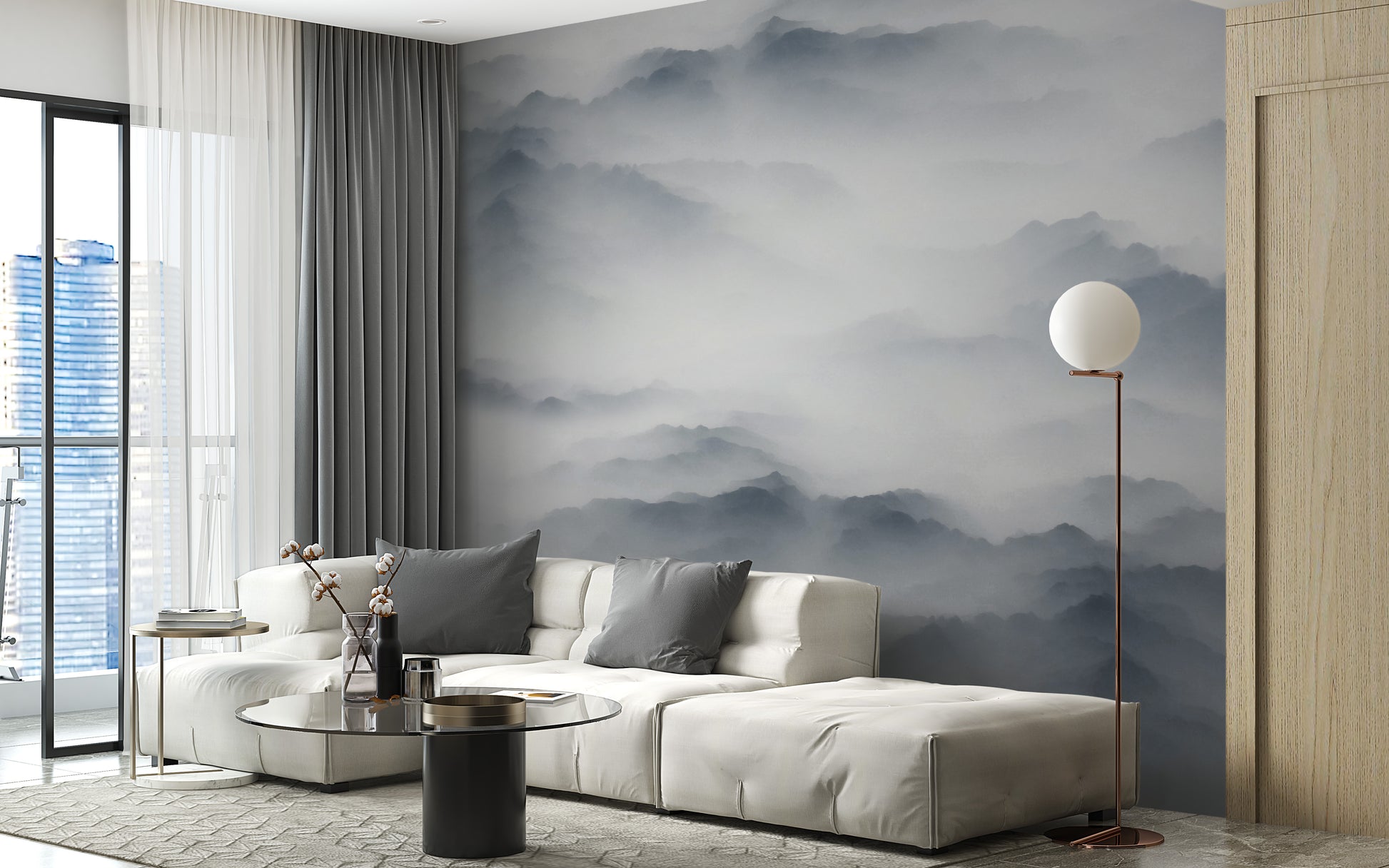 Scenic foggy hills wall mural for interiors
