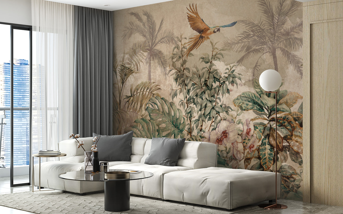 Antique tropical foliage wall mural design.
