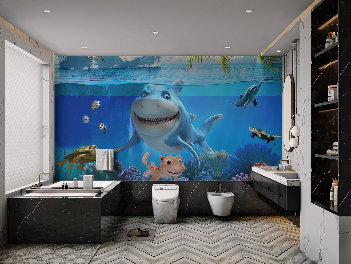 Sharks swim in colorful 3D underwater mural