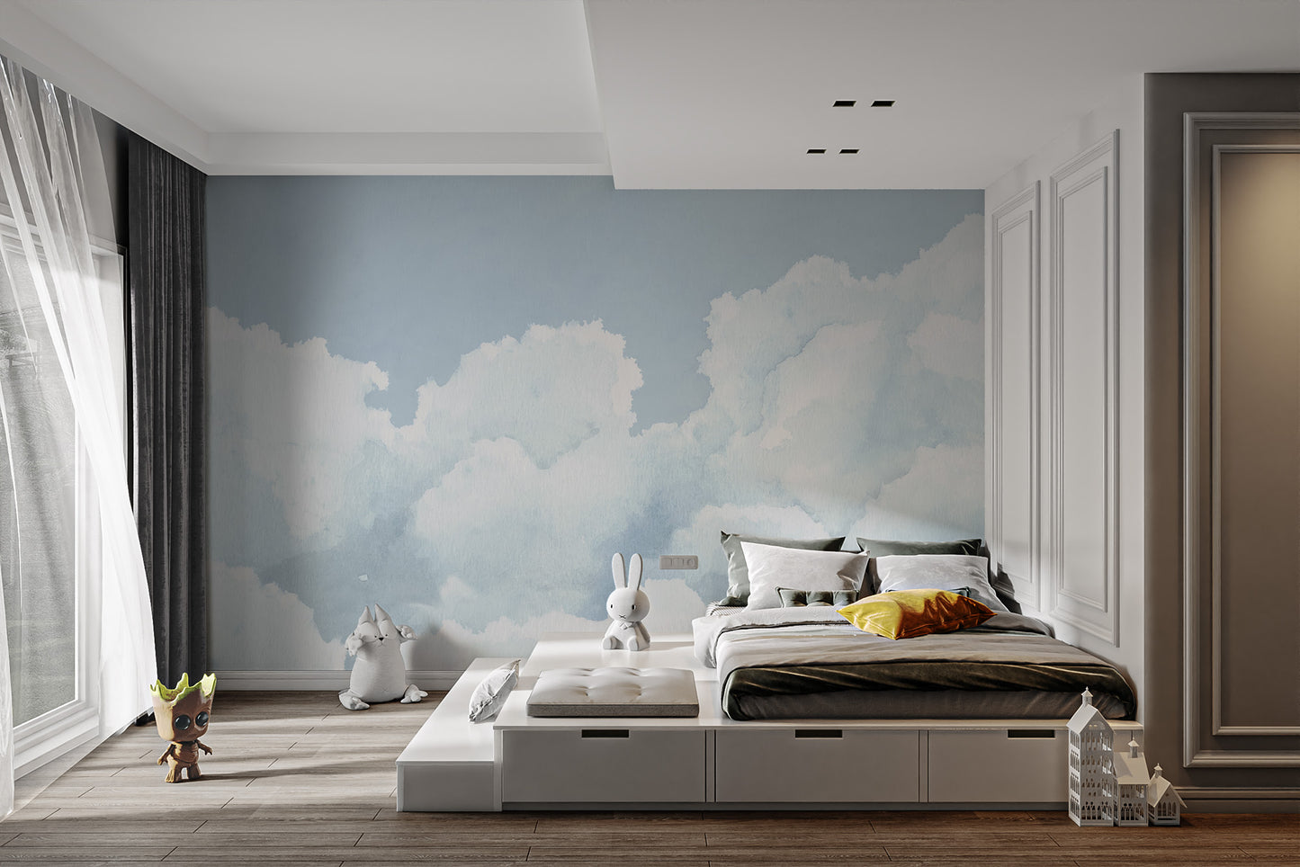 Artistic mural with soft light blue sky and fluffy clouds
