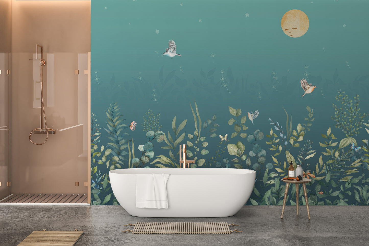 Tranquil moonlit garden mural with lush greenery