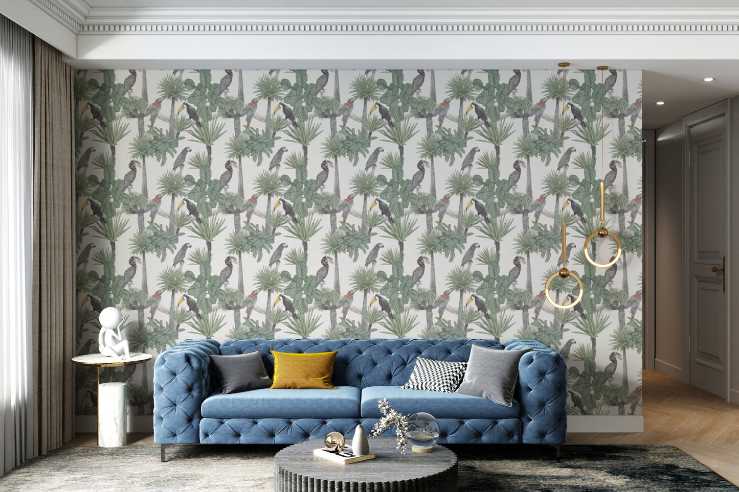 Vibrant tropical wall mural with toucan pattern design