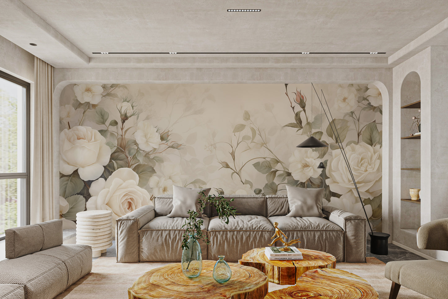 Classic floral wall mural with white roses
