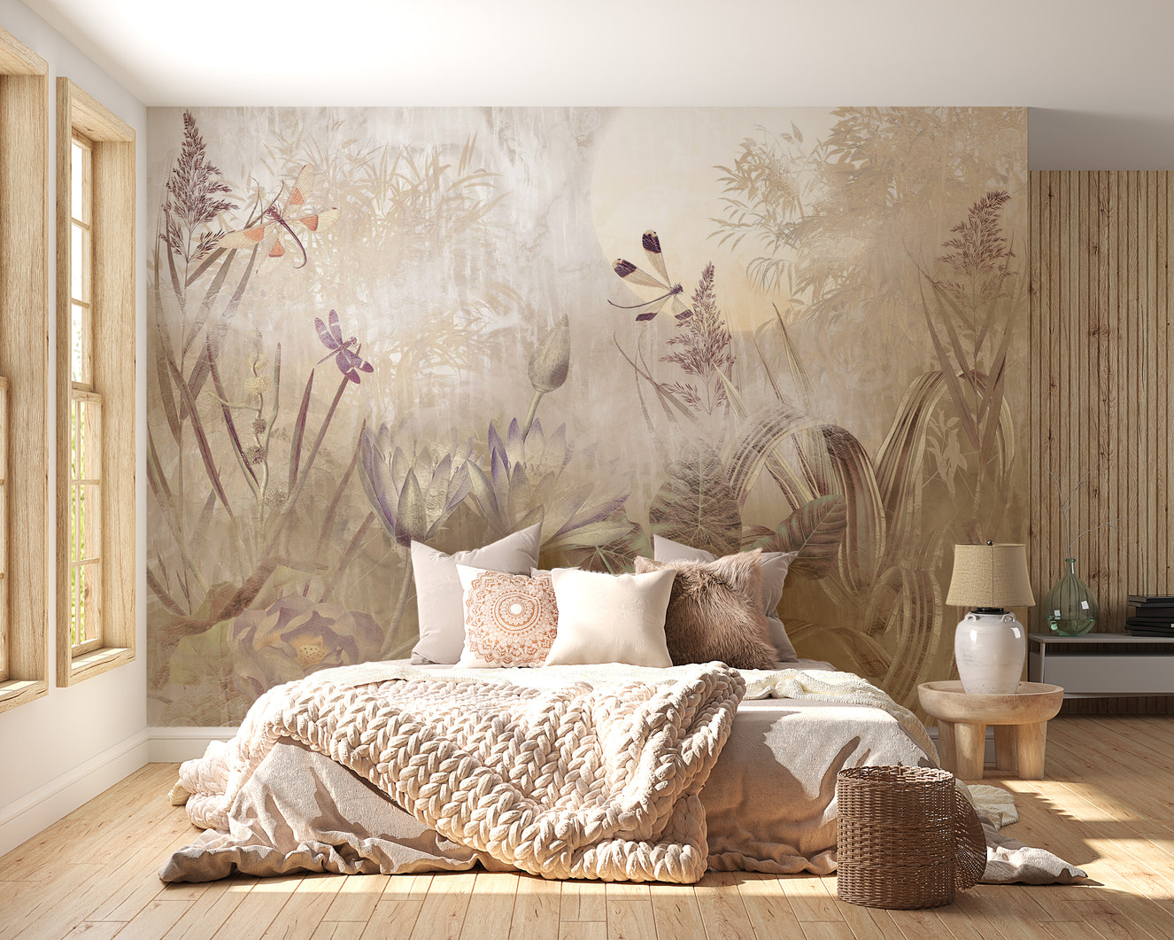 Serene pond mural with dragonflies in motion
