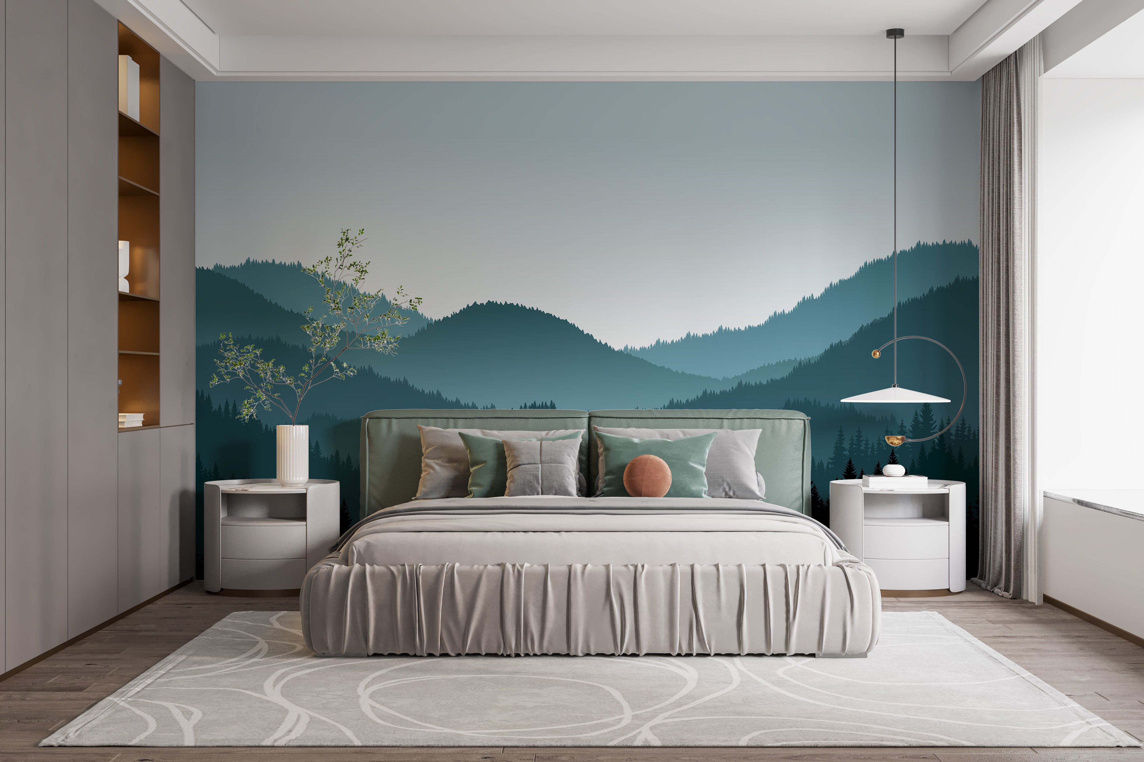 Minimalist mountain mural with shadows
