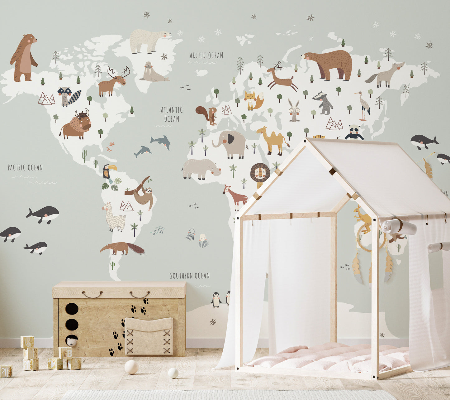 Large world map mural featuring animals for kids' rooms
