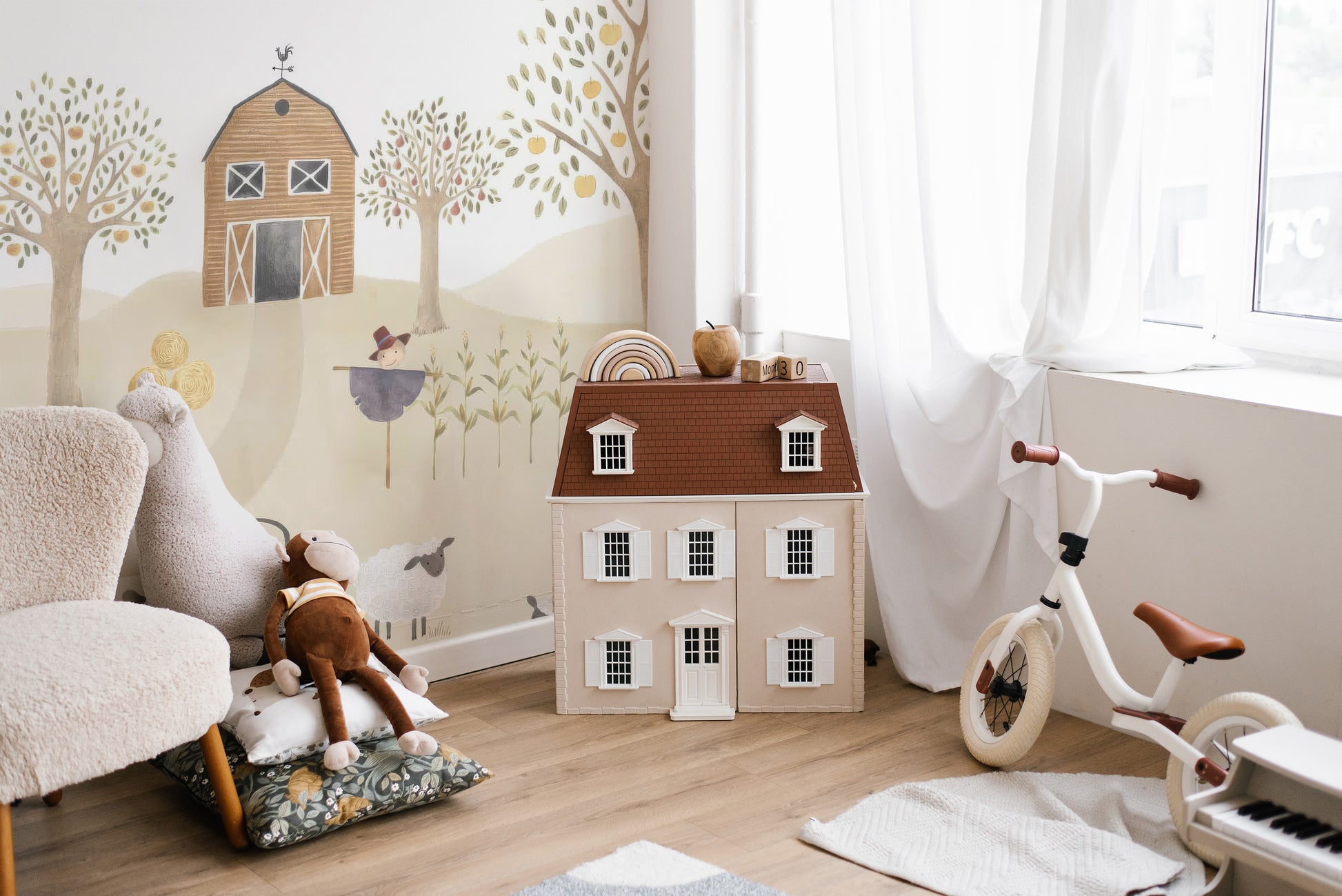 Whimsical farmhouse mural wallpaper for playful interiors