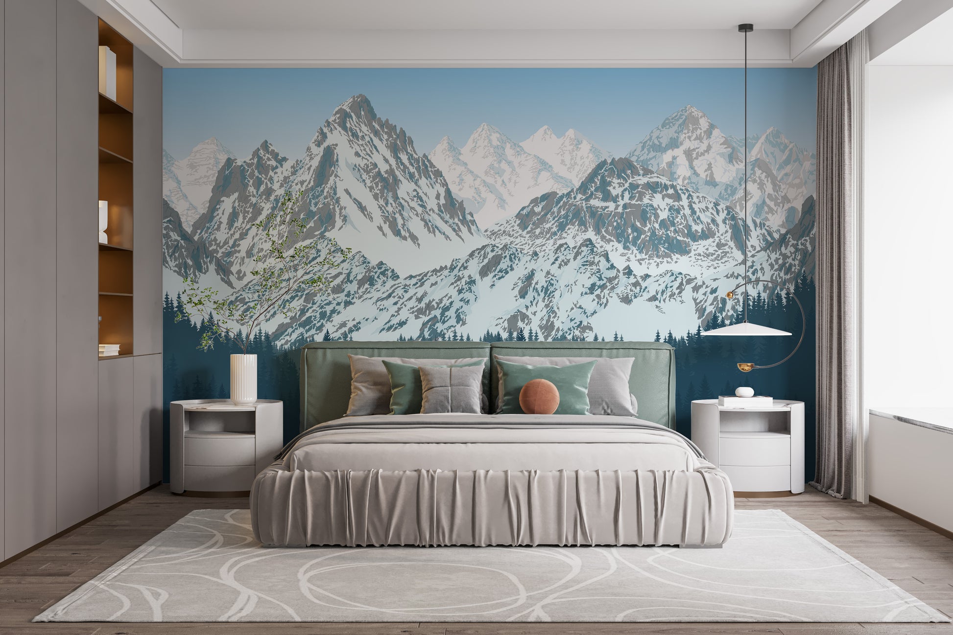 Tropical forest mural featuring snowy hills
