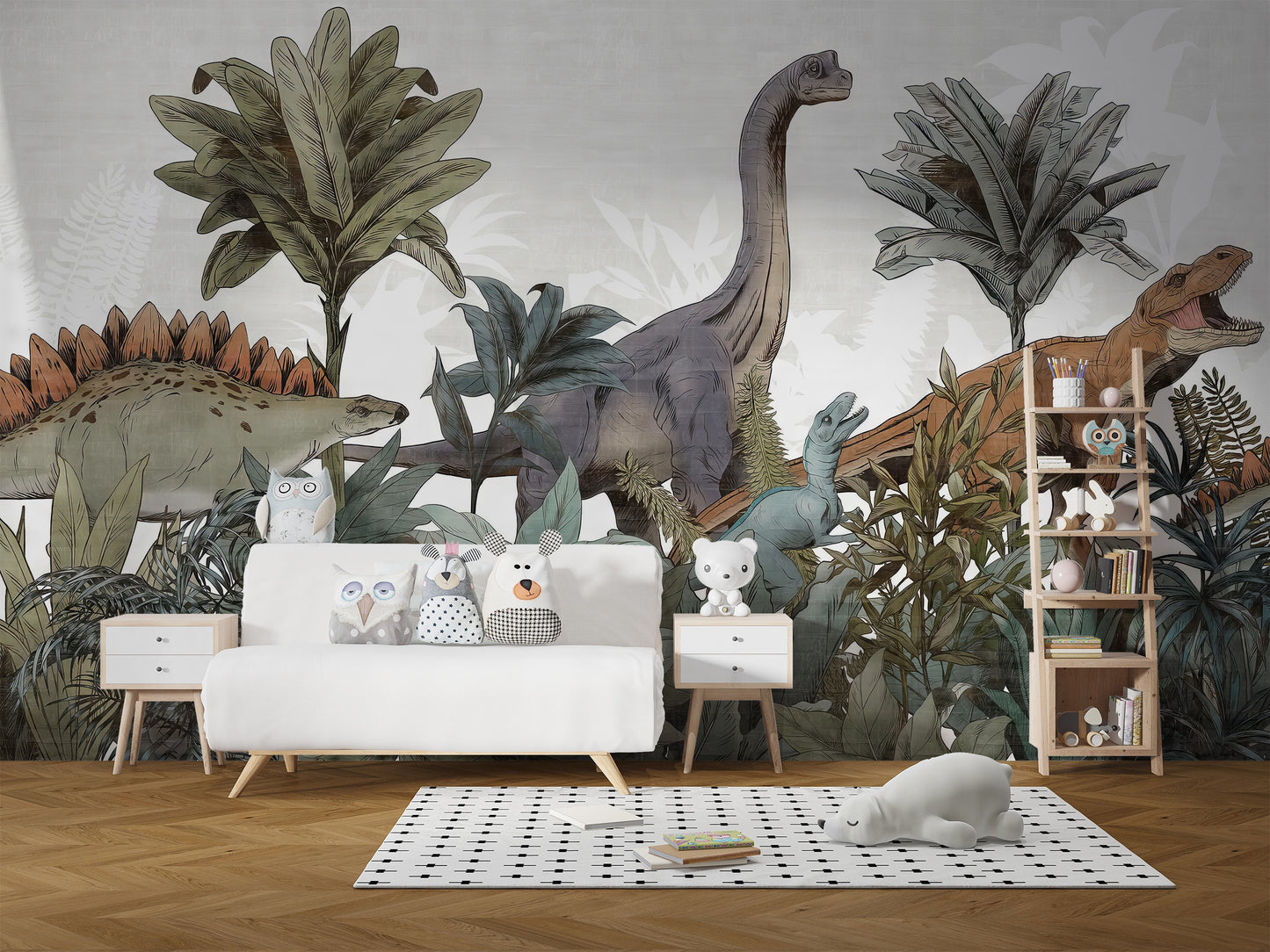 Dinosaur-themed Jurassic forest mural for fun walls